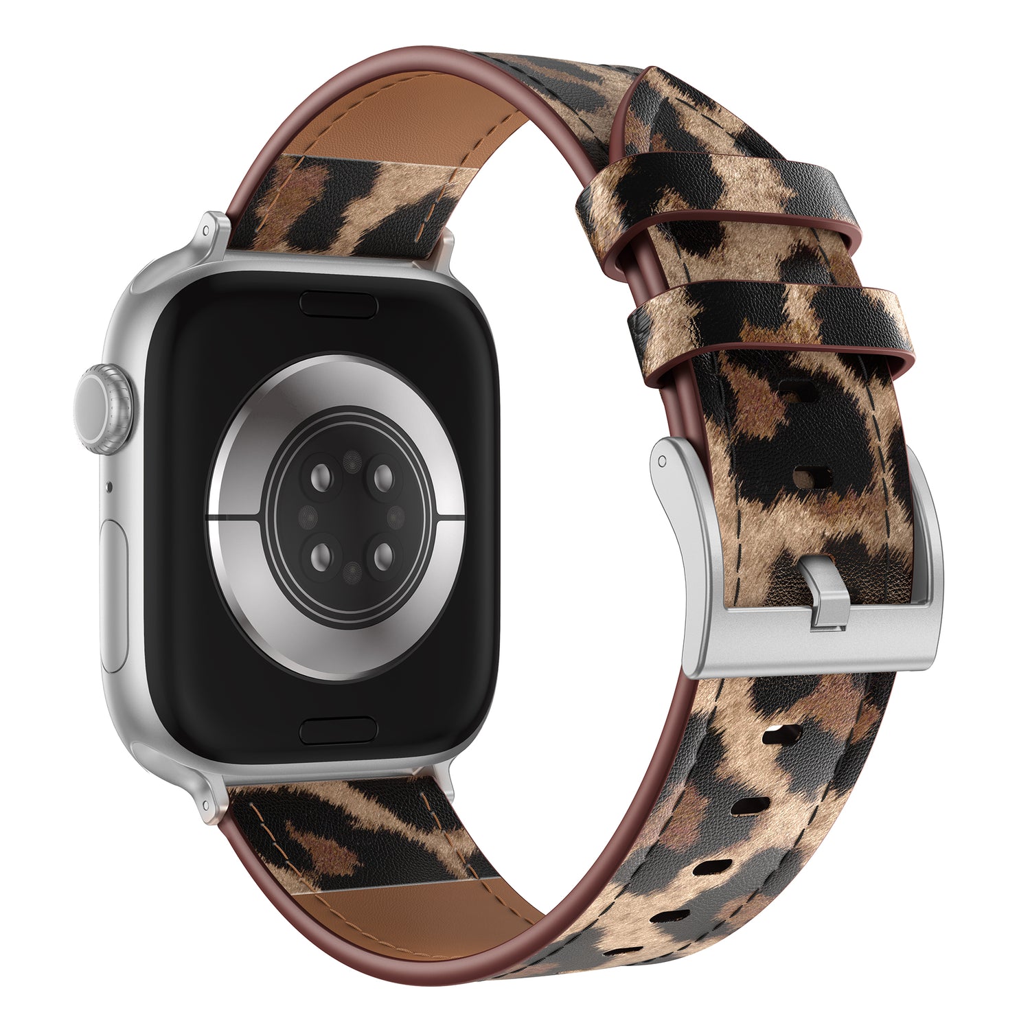 Das arktisband Apple Watch Lederarmband "Studio" - Leo hat ein silbernes Gehäuse und ein braunes Band mit Leopardenmuster, das von hinten betrachtet sein einzigartiges Design unterstreicht.