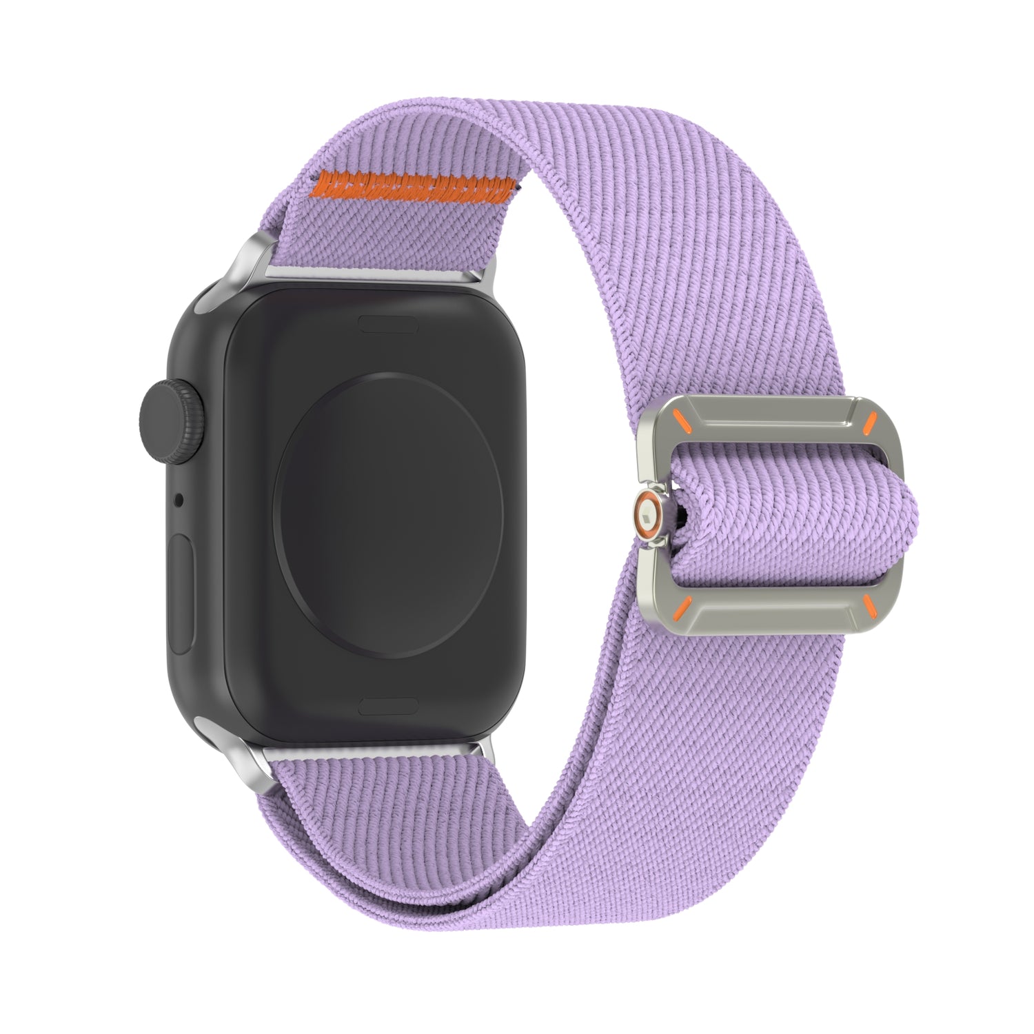 Das Arktisband Apple Watch Nylonarmband "FlexOne" in lavendel wird mit einem schwarzen Smartwatch-Bildschirm auf weißem Hintergrund gezeigt.