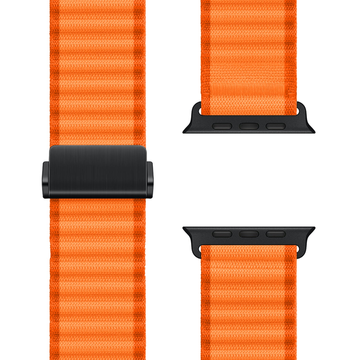 Nahaufnahme des arktisband Apple Watch Nylonarmbands „Venture“ in Orange mit Wellenstruktur, schwarzen Anschlüssen und Verschluss. Dargestellt in drei Abschnitten auf weißem Hintergrund – ideal für Outdoor-Fans.