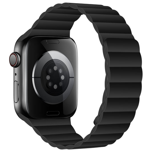 Das arktisband Apple Watch magnetisches Silikonarmband „Ligo“ in Schwarz mit Magnetverschluss und Gliederdesign zeigt die Rückseite mit Displaysensoren und Seitentaste.