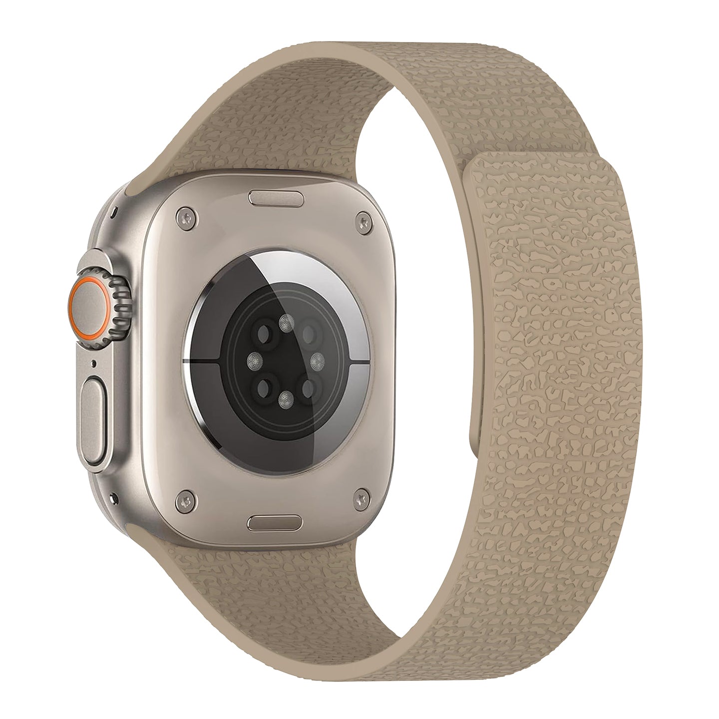Das Arktisband Apple Watch magnetisches Silikonarmband "Flexy" in Beige wird von der Rückseite gezeigt, wobei die Sensoren und das runde Ziffernblatt hervorgehoben werden, und verfügt über ein magnetisches Silikonarmband für sicheren Komfort.