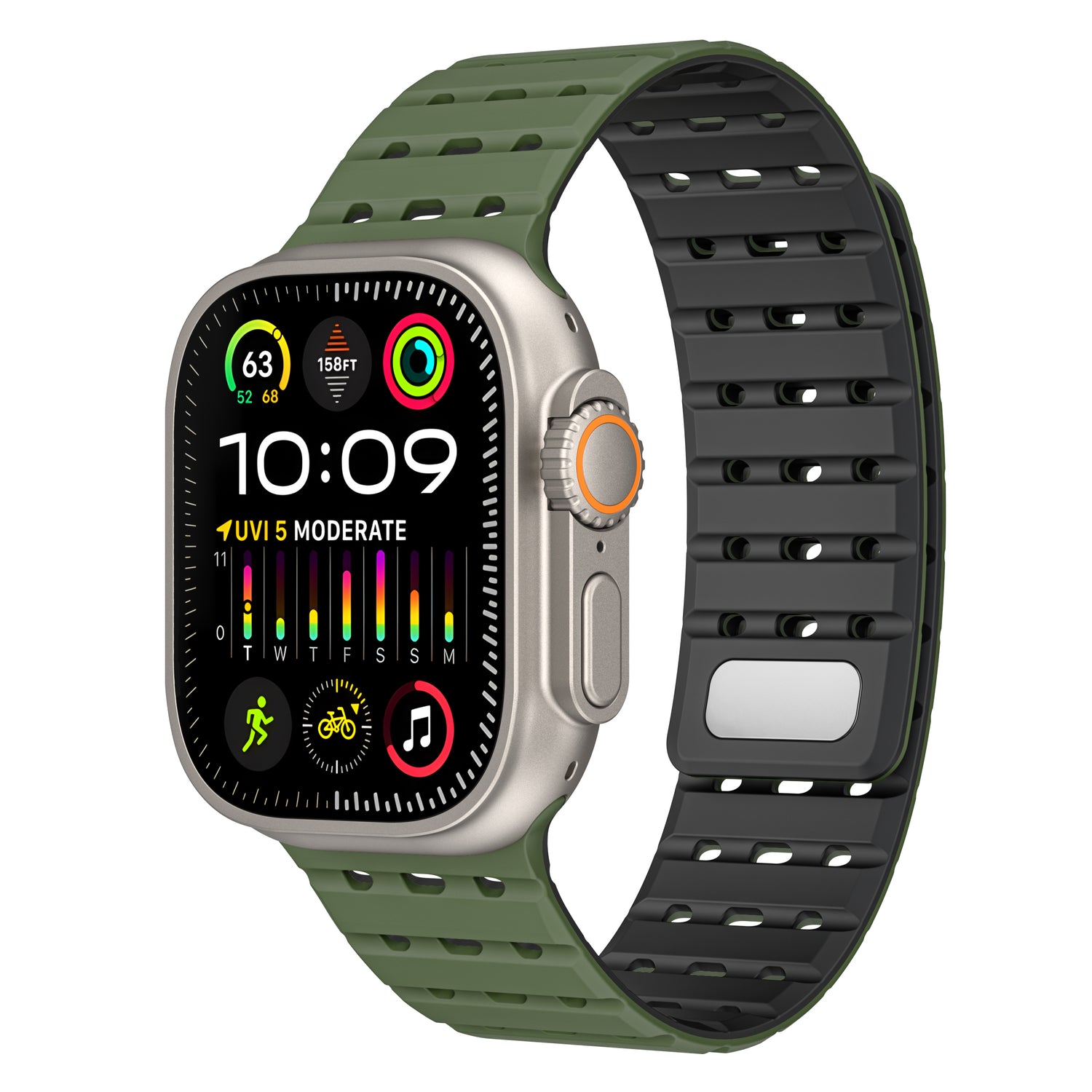 Das arktisband Apple Watch magnetisches Silikonarmband „Power“ von arktis ist ein grünes perforiertes Apple Watch-kompatibles Armband mit Magnetverschluss und orange akzentuiertem Seitenknopf, perfekt für Smartwatches mit rechteckigem Display.