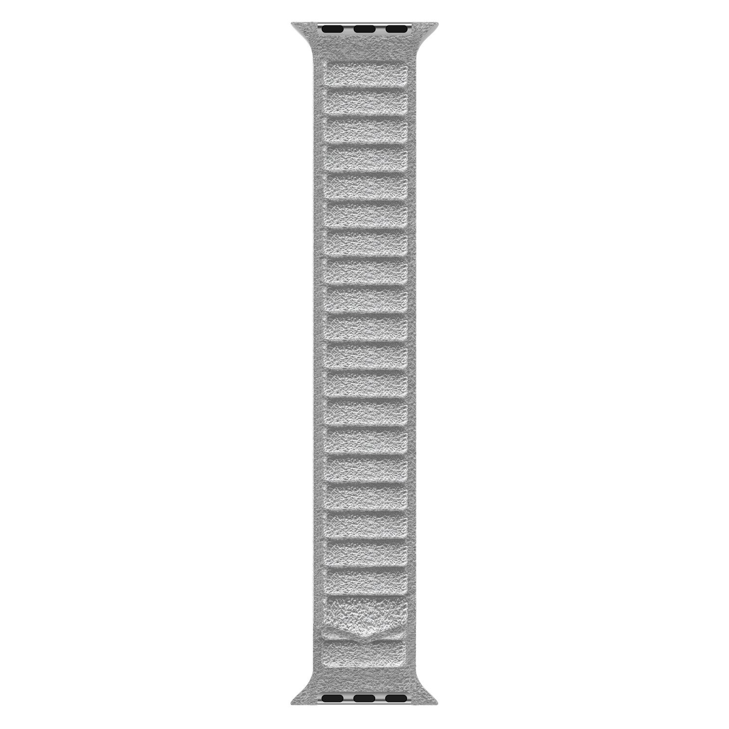 Das arktisband Apple Watch magnetisches Armband aus Alcantara hat ein strukturiertes, hellgraues Design mit rechteckigen Rillen. Abgebildet vertikal auf einem weißen Hintergrund. Hergestellt in Italien von arktisband für Ihre Apple Watch.