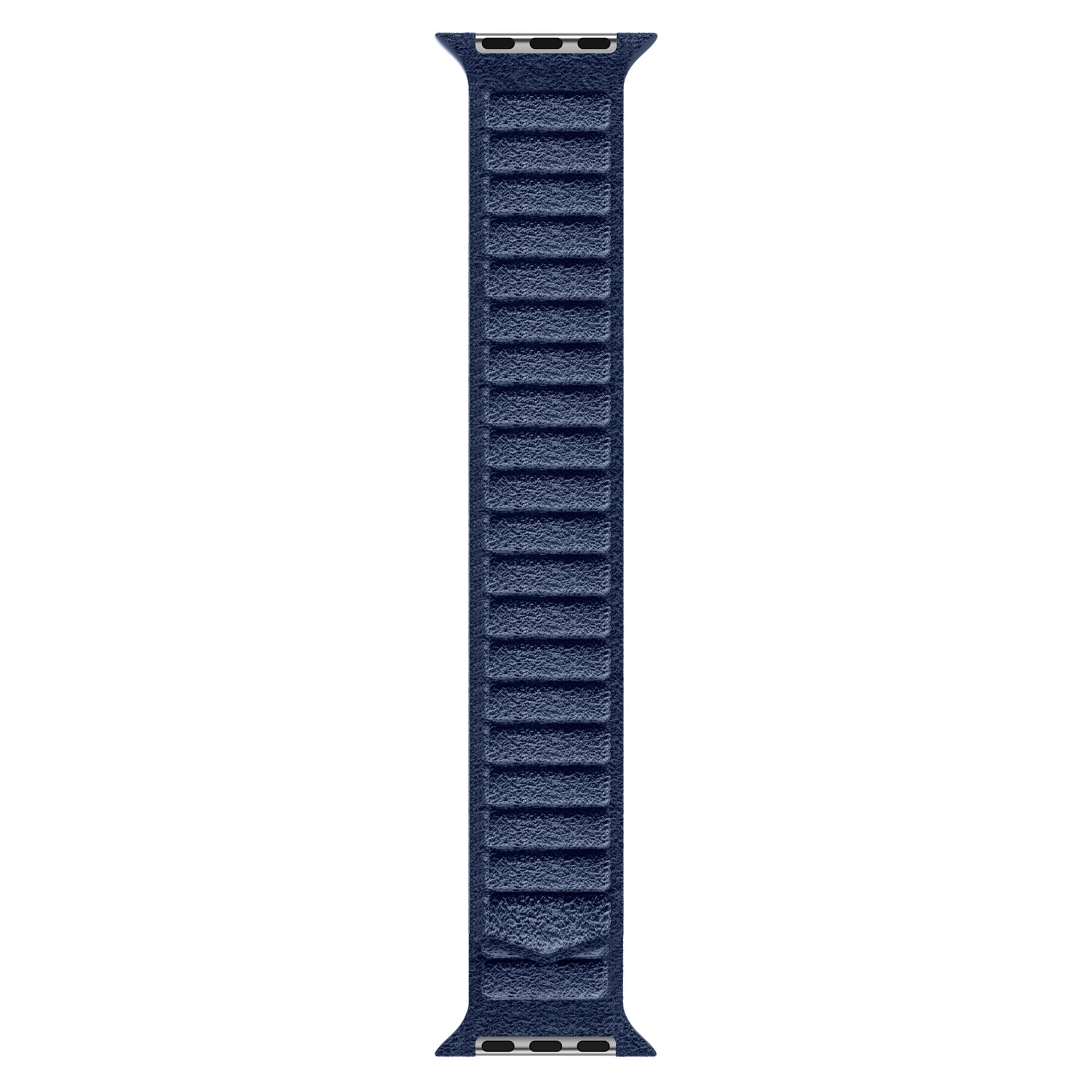 Das arktisband Apple Watch magnetisches Armband aus Alcantara in marineblau hat rechteckige Segmente, ist aus hochwertigem Alcantara gefertigt, vertikal auf weißem Hintergrund abgebildet und wird in Italien hergestellt.