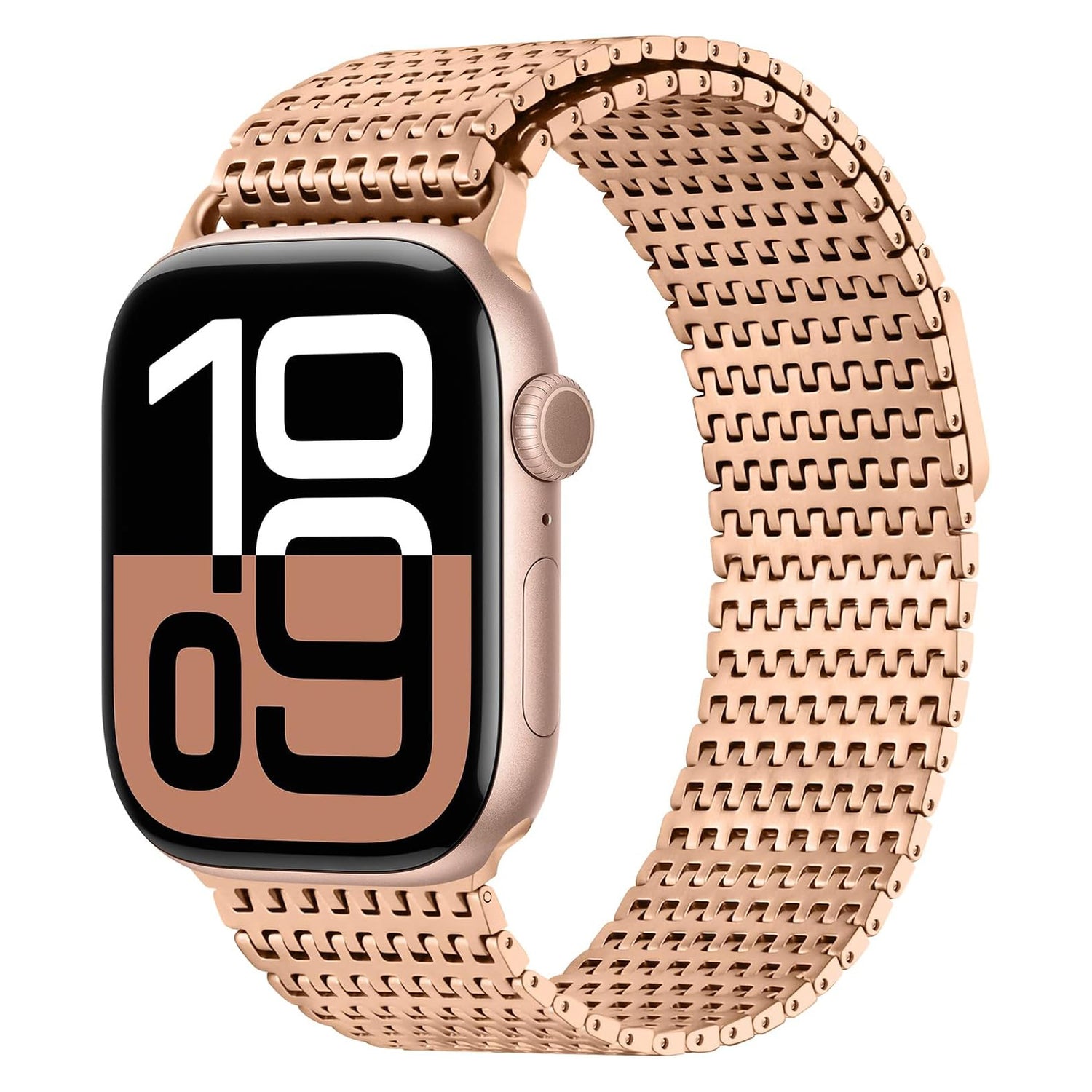 Das arktisband Apple Watch Edelstahl Armband „Aurora“ verfügt über einen stylischen Magnetverschluss und ergänzt mit seinem eleganten Edelstahldesign und der großen Digitalanzeige eine goldene Smartwatch.