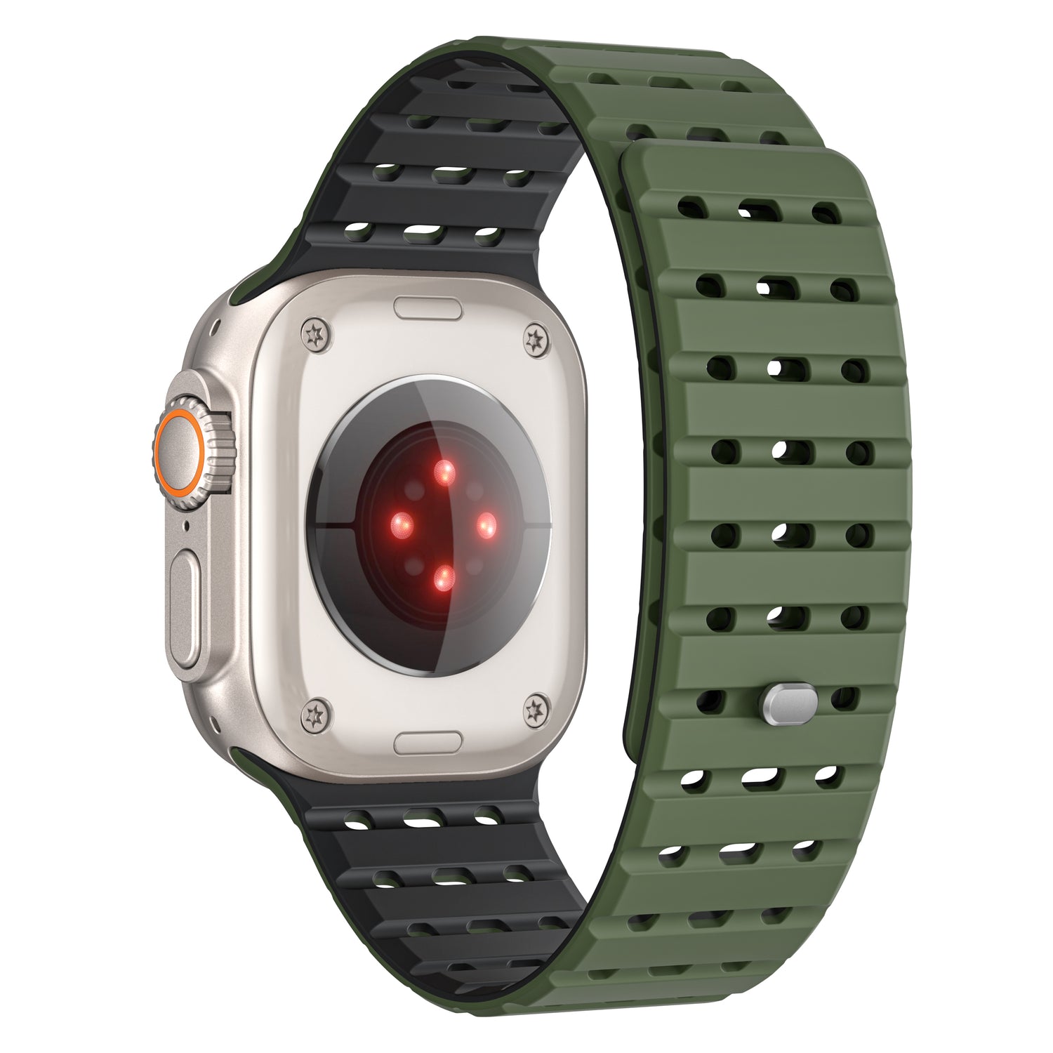 Die arktisband Apple Watch „Power“ von arktis verfügt über ein Metallgehäuse, ein grün-schwarzes perforiertes magnetisches Silikonarmband und einen Rückensensor mit roten Kontrollleuchten.