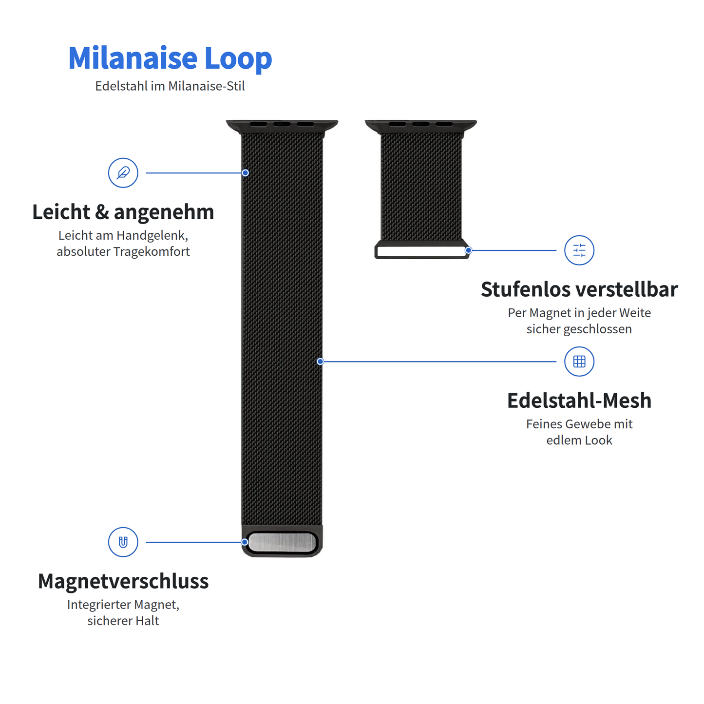 Arktisband Apple Watch Milanaise Loop: schwarzes Netzarmband mit Magnetverschluss und verstellbarer Länge.