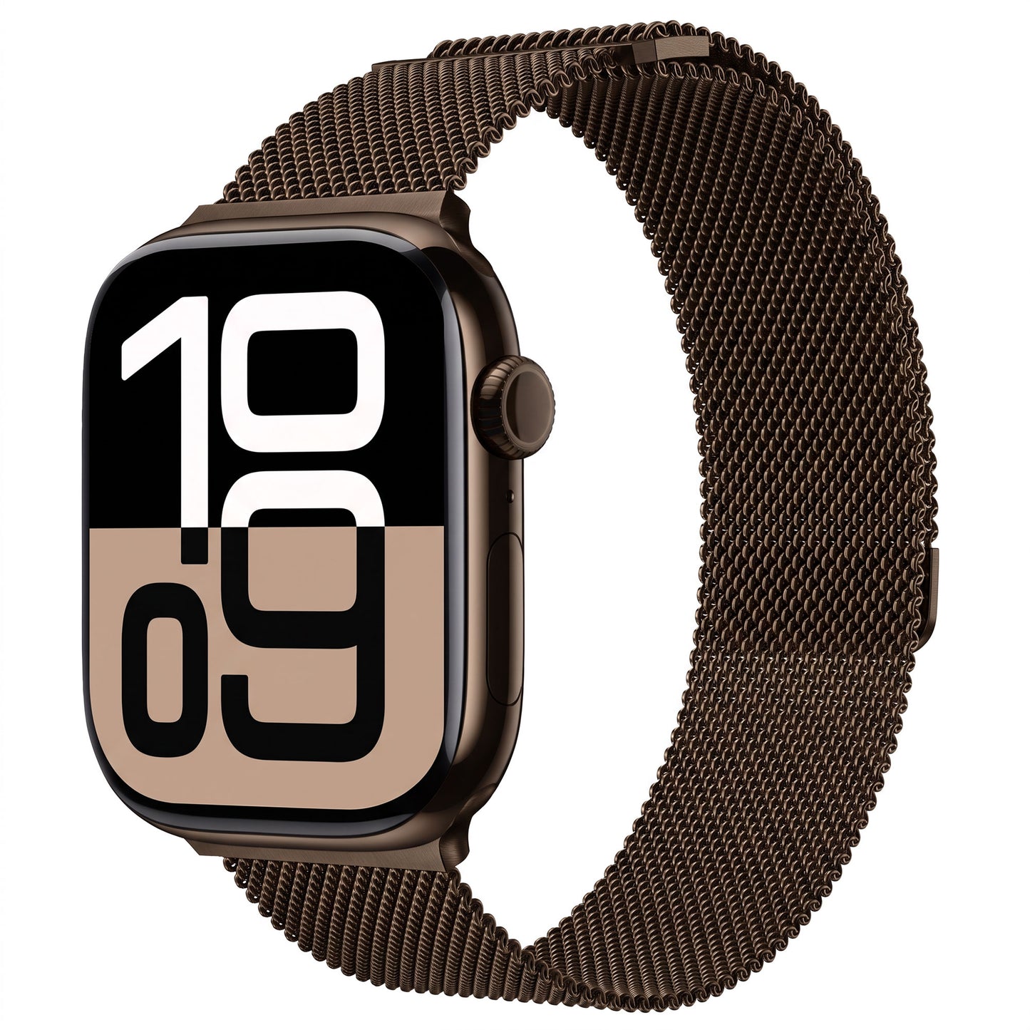 Die Apple Watch „Milanaise Loop“ von arktisband zeigt auf einem großen, modernen Digitalzifferblatt mit einem braunen Netzarmband die Uhrzeit 10:09 an.