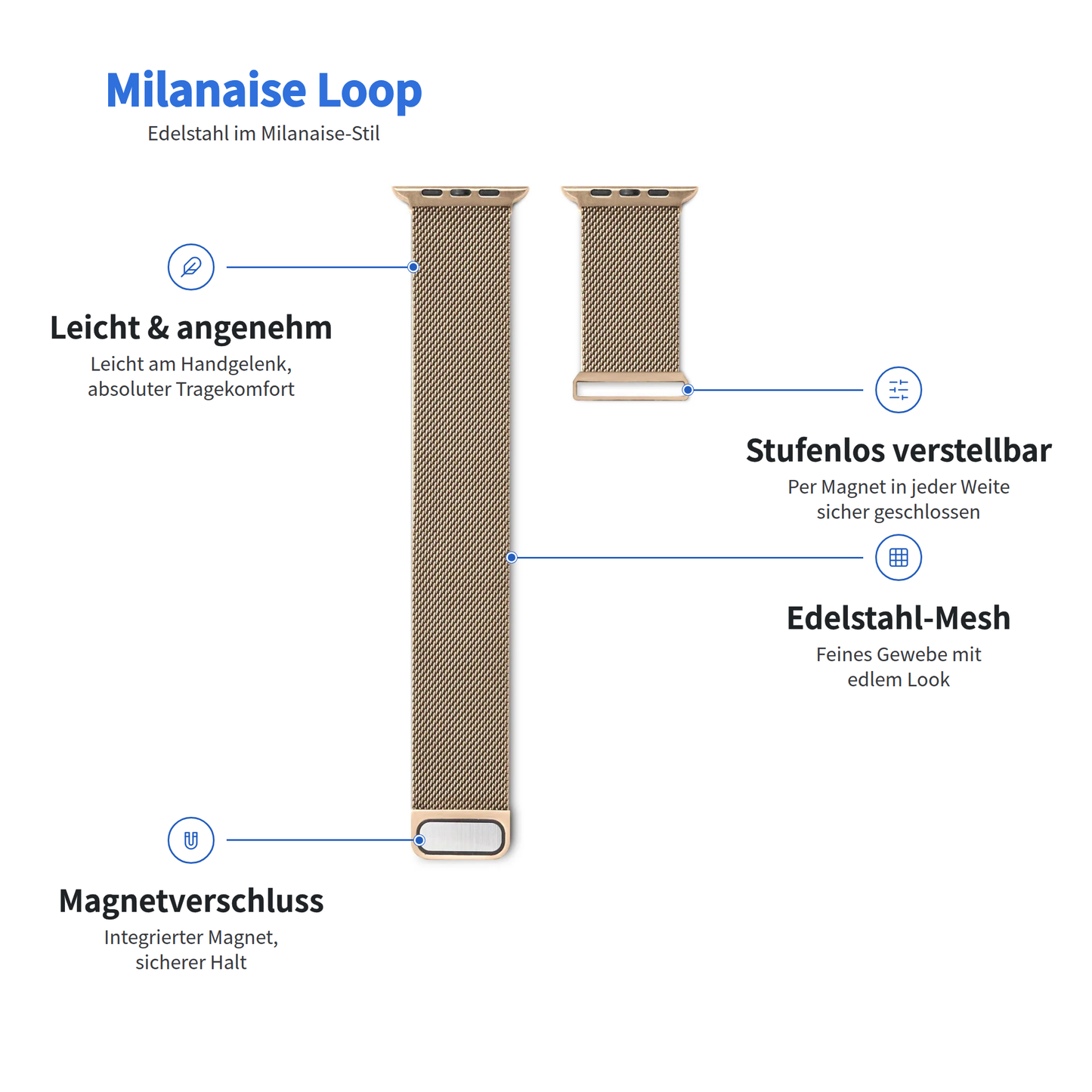 Arktisband Milanaise Loop: Goldenes Edelstahlarmband für die Apple Watch, magnetisch und größenverstellbar.