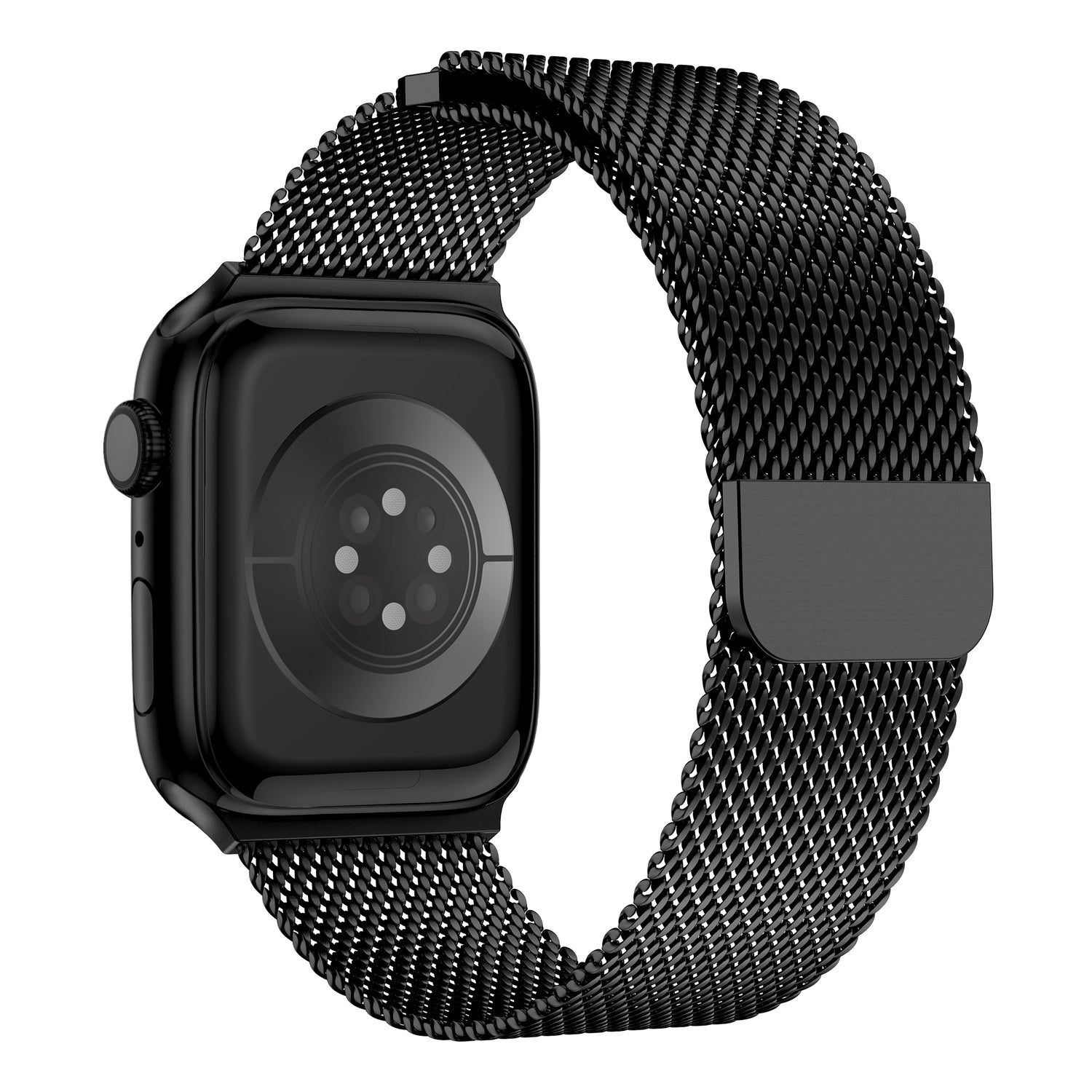 Das arktisband Apple Watch Milanaise Armband "Bold" aus schwarzem Edelstahl, von hinten und seitlich auf weißem Hintergrund abgebildet. Kompatibel mit der Apple Watch.