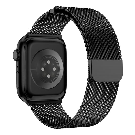 Das arktisband Apple Watch Milanaise Armband "Bold" aus schwarzem Edelstahl, von hinten und seitlich auf weißem Hintergrund abgebildet. Kompatibel mit der Apple Watch.
