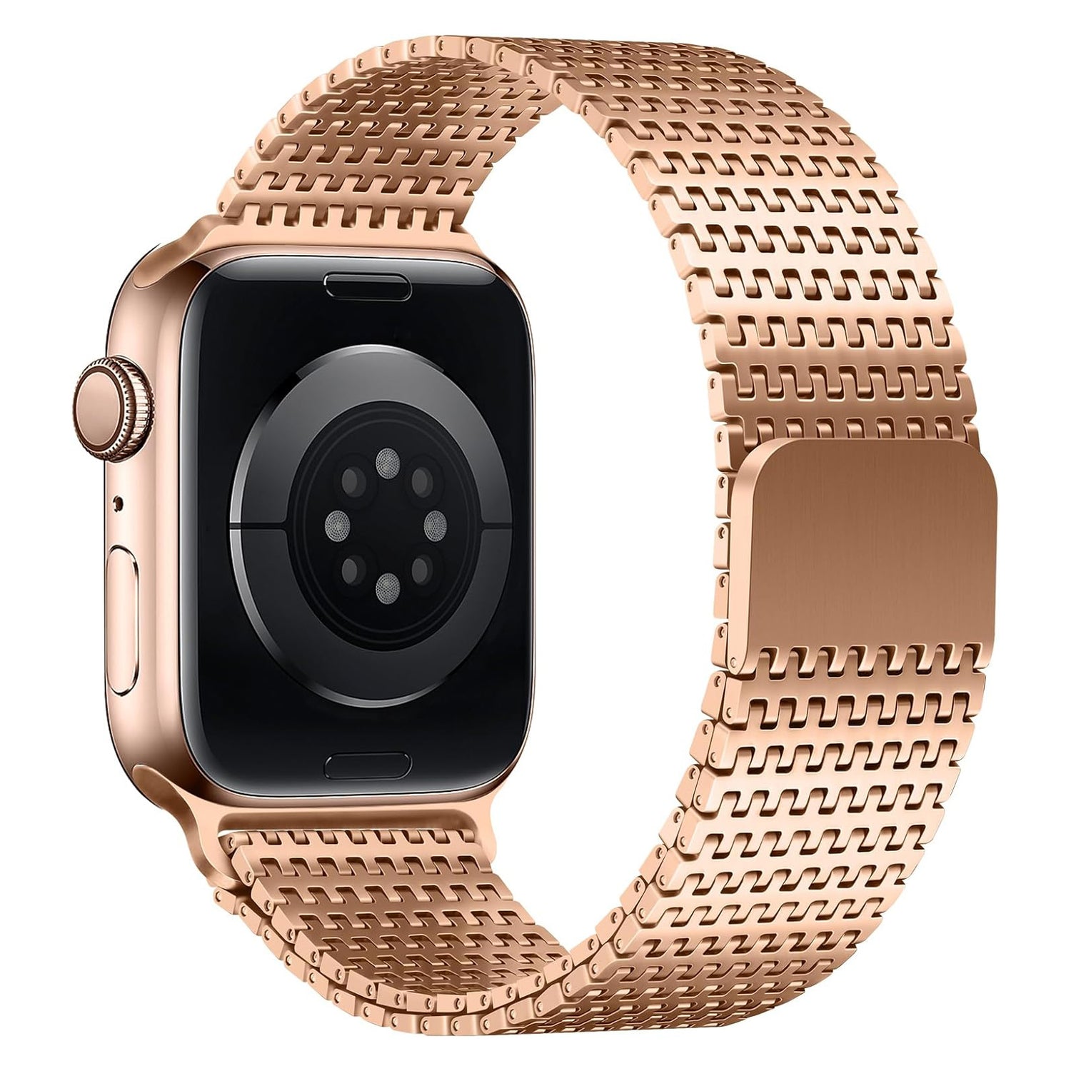 Das arktisband Apple Watch Edelstahlarmband „Aurora“ in Roségold besticht durch sein elegantes Design mit Magnetverschluss, dessen Rückseite die Sensoren und den Verschluss zeigt.