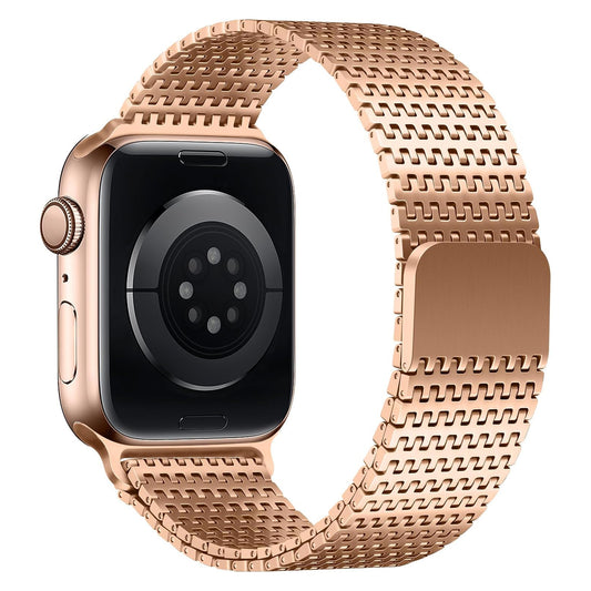 Das arktisband Apple Watch Edelstahlarmband „Aurora“ in Roségold besticht durch sein elegantes Design mit Magnetverschluss, dessen Rückseite die Sensoren und den Verschluss zeigt.