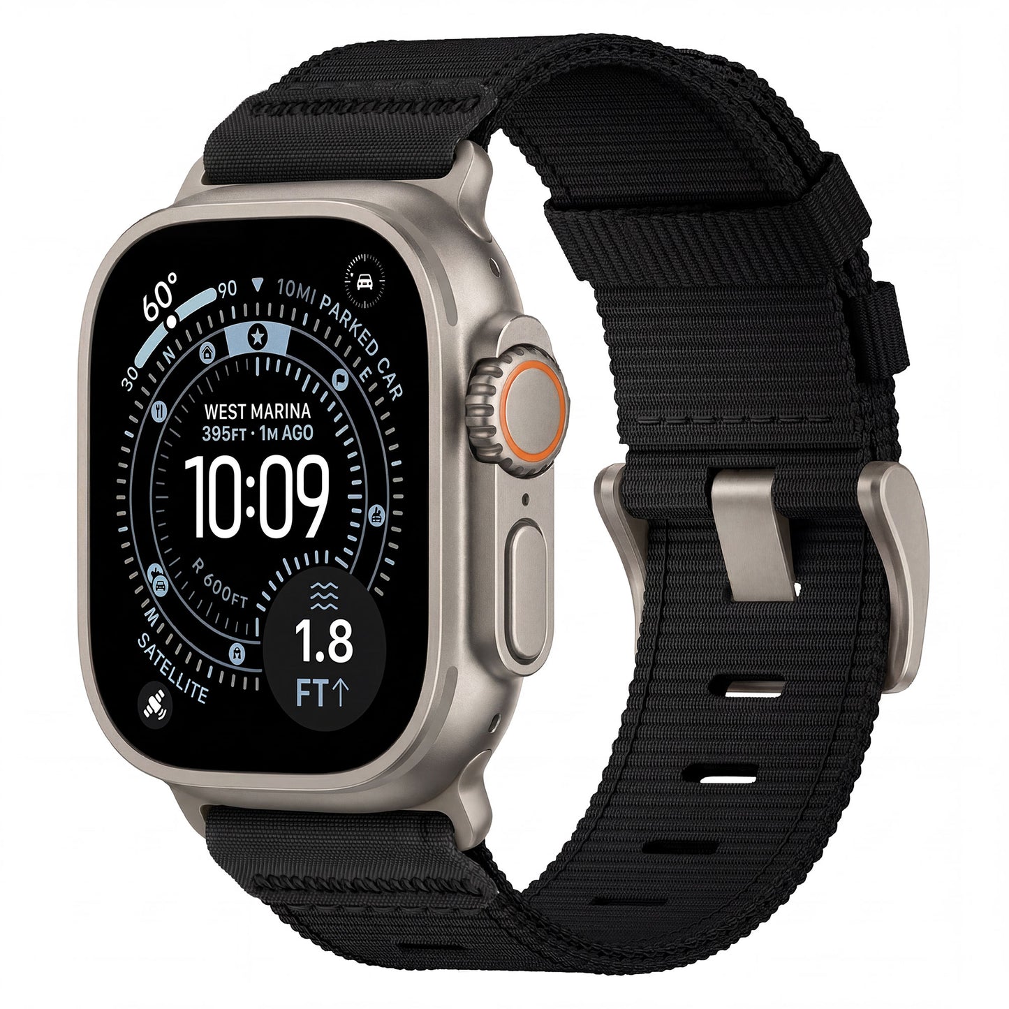 Eine silberne Smartwatch mit schwarzem Armband Apple Watch Armband "Terra" zeigt Zeit, Datum, Wetter und Fitnessinformationen auf dem Display an.
