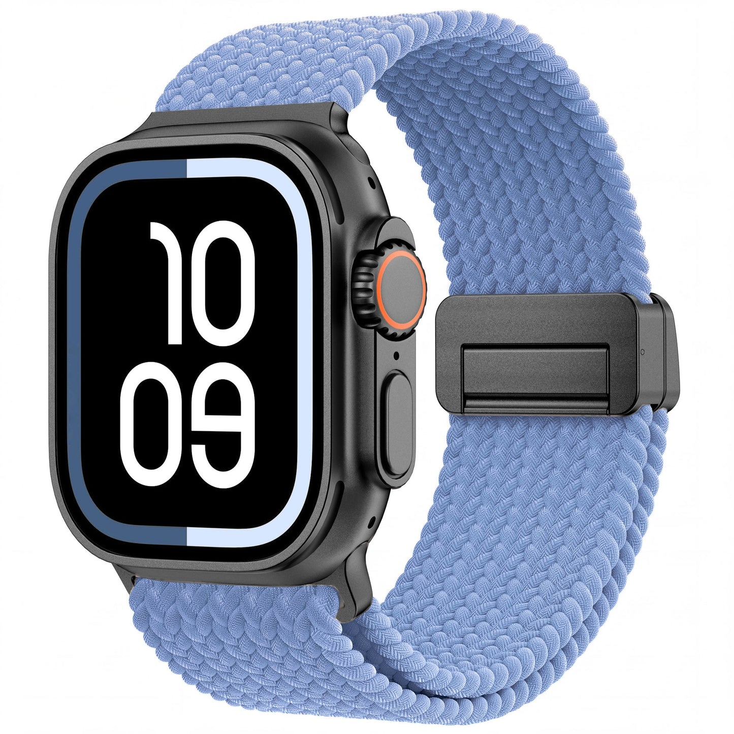 Arktisband Geflochtenes Apple Watch Ultra-Armband Casual mit blauem, geflochtenem Gummiband und schwarzem Magnetverschluss.