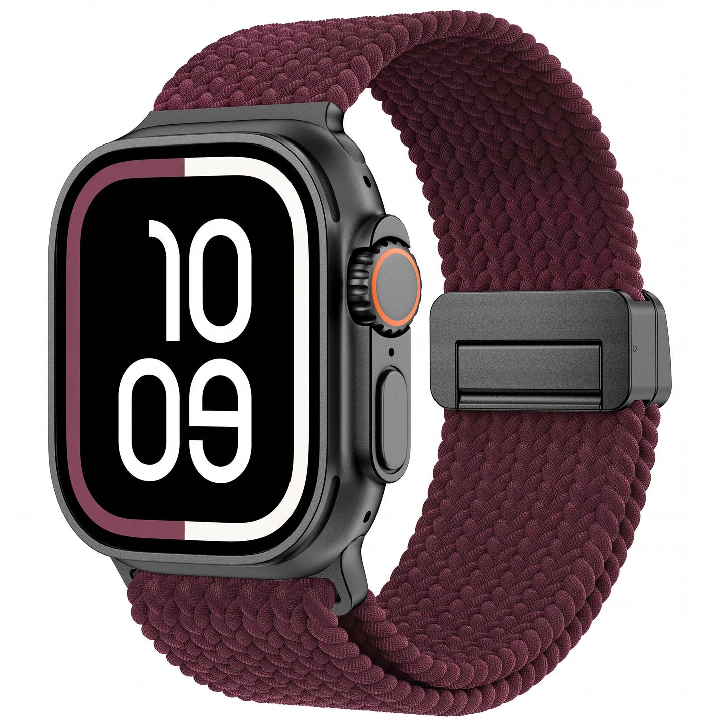 Dunkelviolettes Arktisband – Geflochtenes Apple Watch Ultra-Armband Casual mit schwarzem Magnetverschluss für eine Smartwatch.