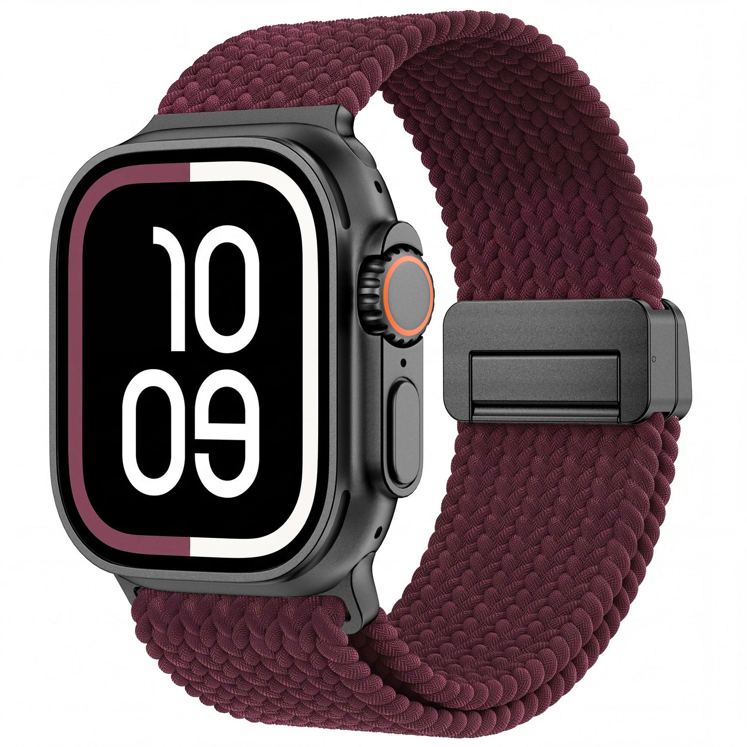 Dunkelviolettes Arktisband – Geflochtenes Apple Watch Ultra-Armband Casual mit schwarzem Magnetverschluss für eine Smartwatch.