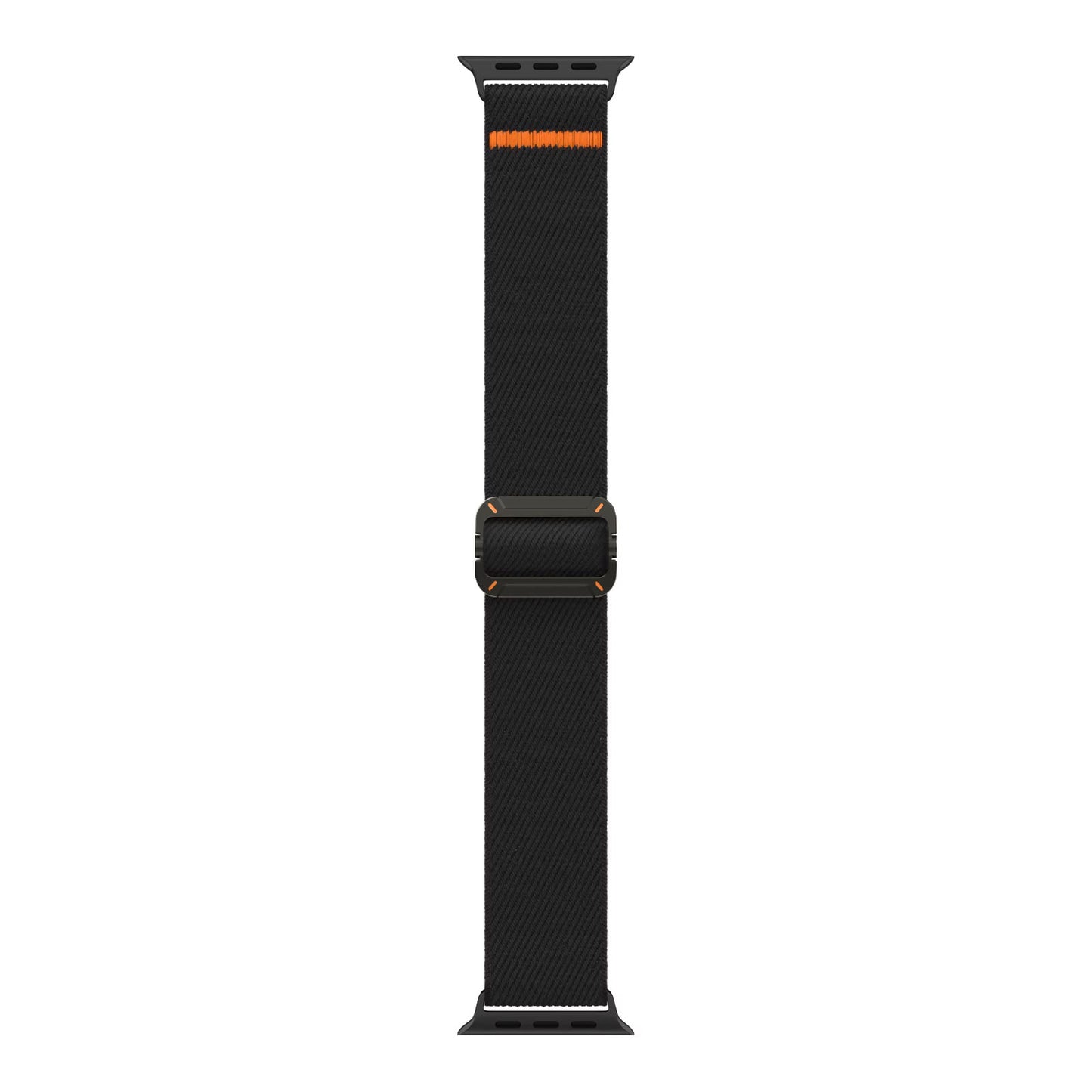 Das arktisband Apple Watch Nylonarmband "FlexOne" von arktisband besteht aus schwarzem Stretch-Nylon, einem orangefarbenen Streifen im oberen Bereich und einer zentralen, verstellbaren Schnalle - eine Kombination aus Stil und Komfort für Ihre Apple Watch.