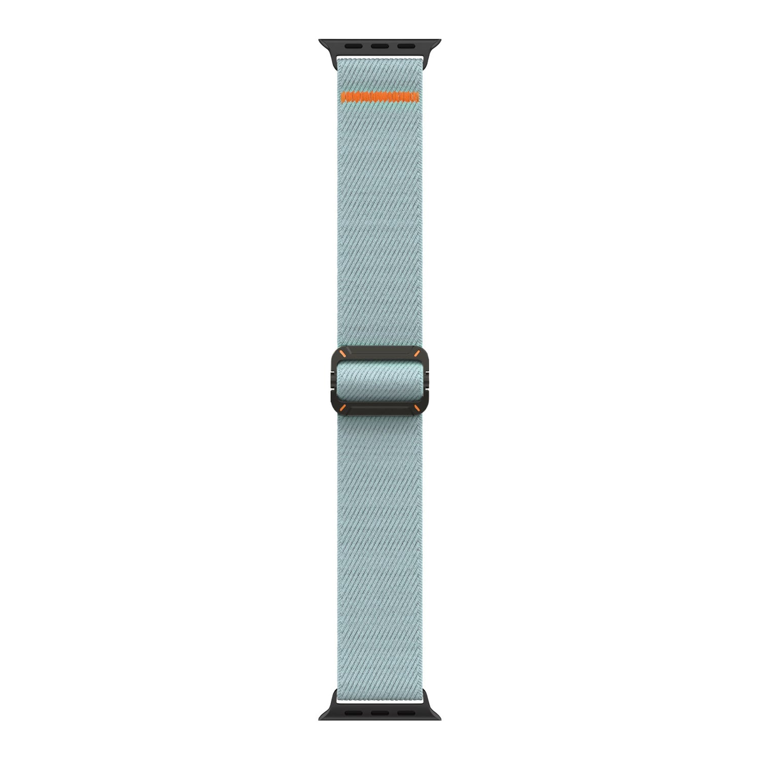Das arktisband Apple Watch Nylonarmband "FlexOne" ist ein hellblaues Stretch-Nylonband mit schwarzen Verschlüssen und einem kleinen orangefarbenen Akzent in der Nähe eines Endes, das vertikal angebracht ist.