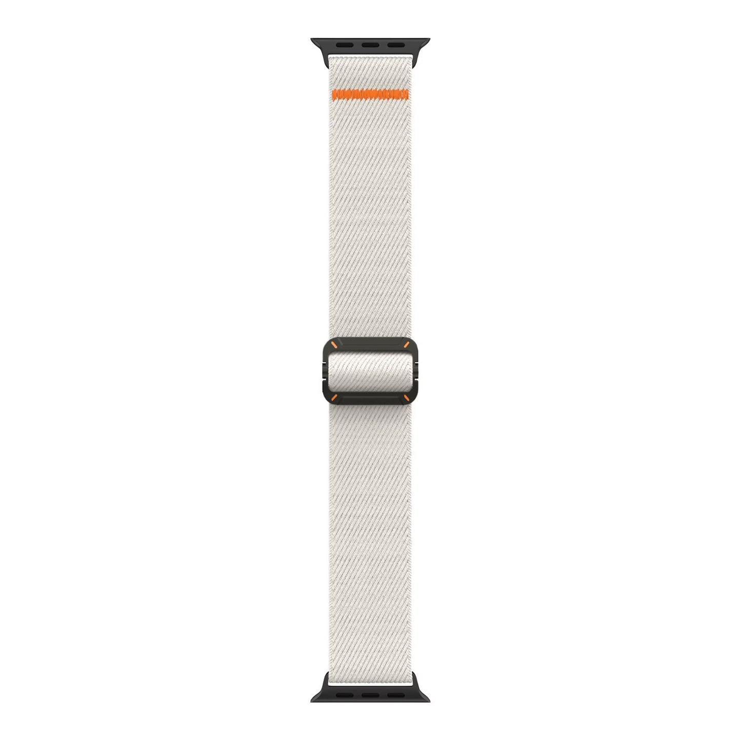 Das arktisband Apple Watch Nylonarmband "FlexOne" hat ein weißes Stretch-Nylonband mit schwarzen Anschlüssen und einem orangefarbenen Akzent, das Komfort und Stil vereint.