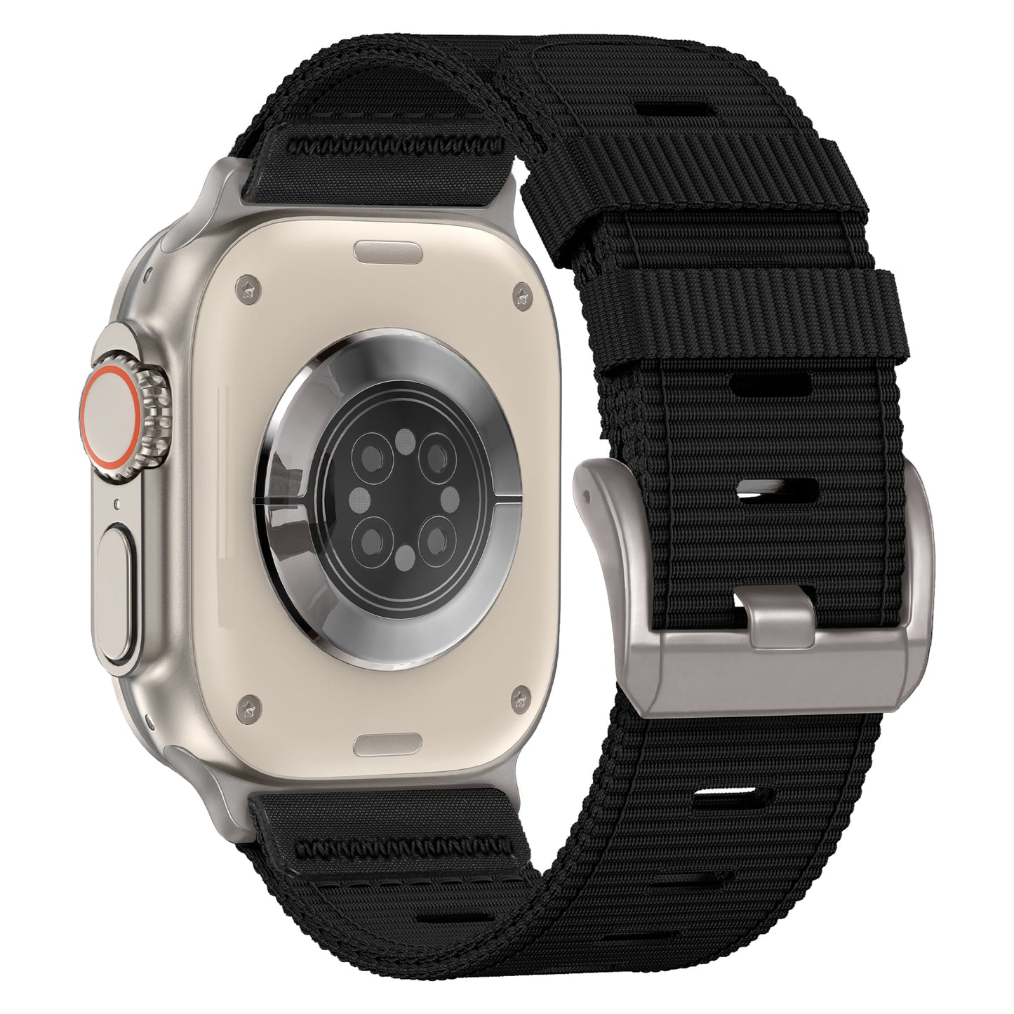Das arktisband Apple Watch Armband "Terra" von arktisband ist von hinten abgebildet und verfügt über ein silbernes Gehäuse und ein extra breites Nylonband mit sichtbaren Sensoren und Schnalle.