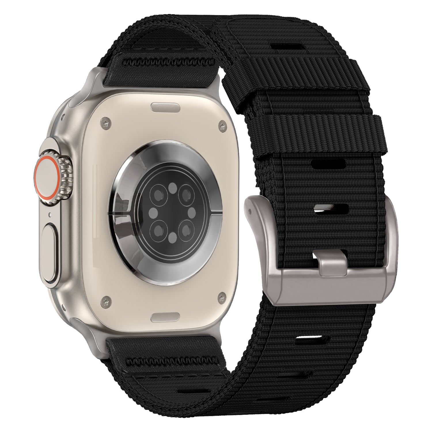 Das arktisband Apple Watch Armband "Terra" von arktisband ist von hinten abgebildet und verfügt über ein silbernes Gehäuse und ein extra breites Nylonband mit sichtbaren Sensoren und Schnalle.