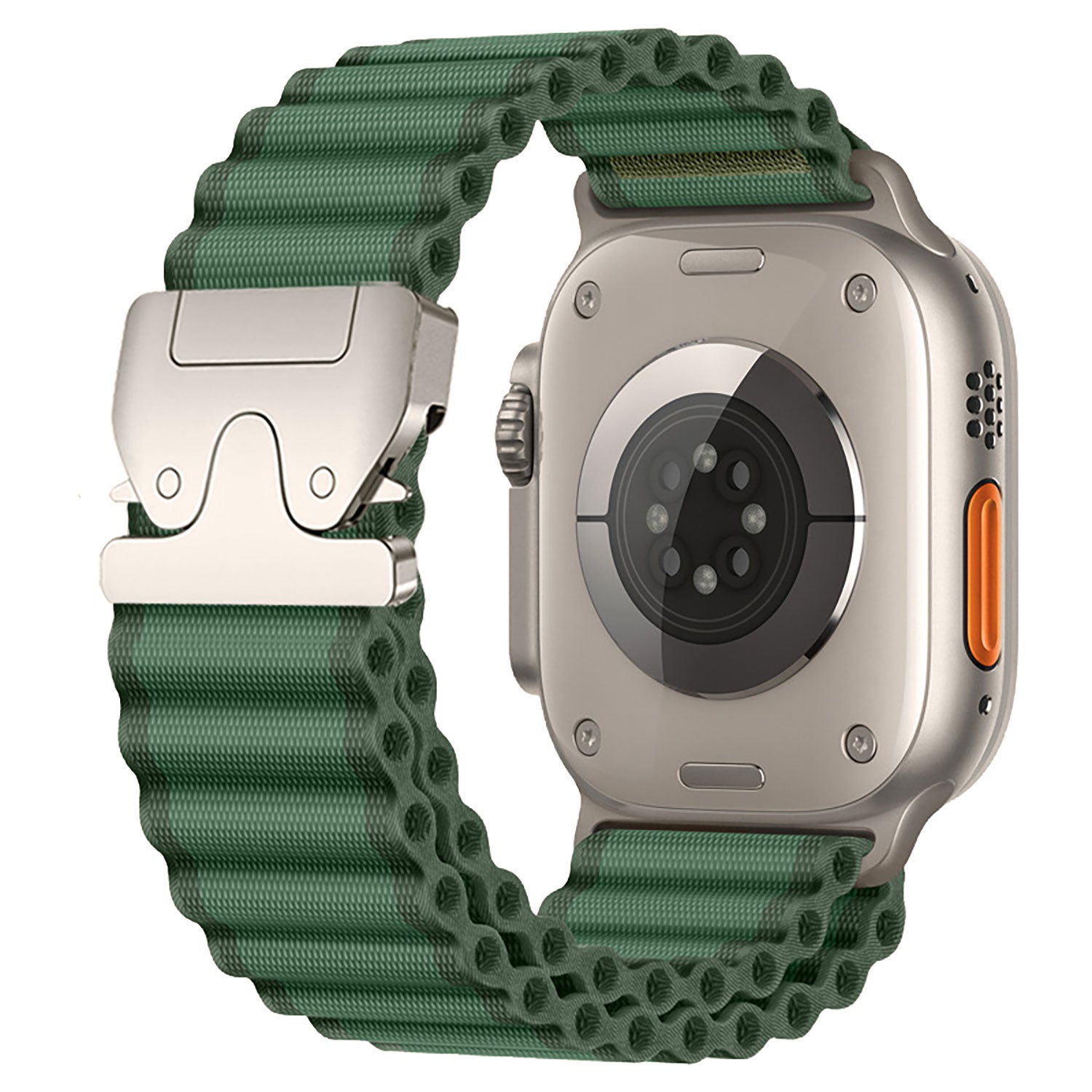 Das arktisband Apple Watch Armband "CoreX" hat ein grünes, strukturiertes Nylonband und einen silbernen Parachute-Verschluss, hier von hinten und von der Seite.