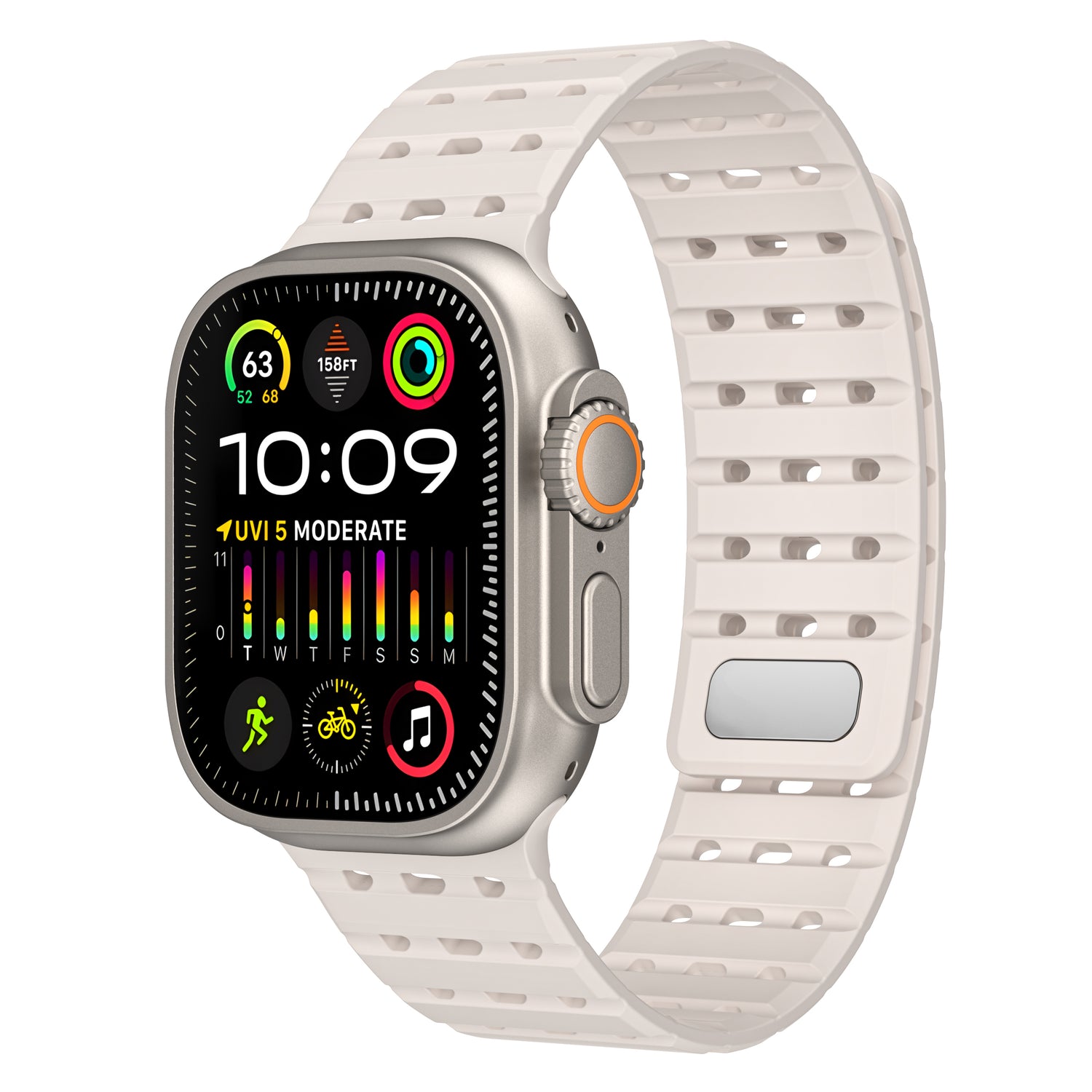 Das magnetische Silikonarmband „Power“ von arktis für die Apple Watch verfügt über ein weißes Silikonarmband mit Magnetverschluss und orangefarbenem Knopf. Auf dem farbigen Display werden Gesundheitsdaten, Uhrzeit, UV-Index und Aktivitäten angezeigt. Kompatibel mit der Apple Watch.