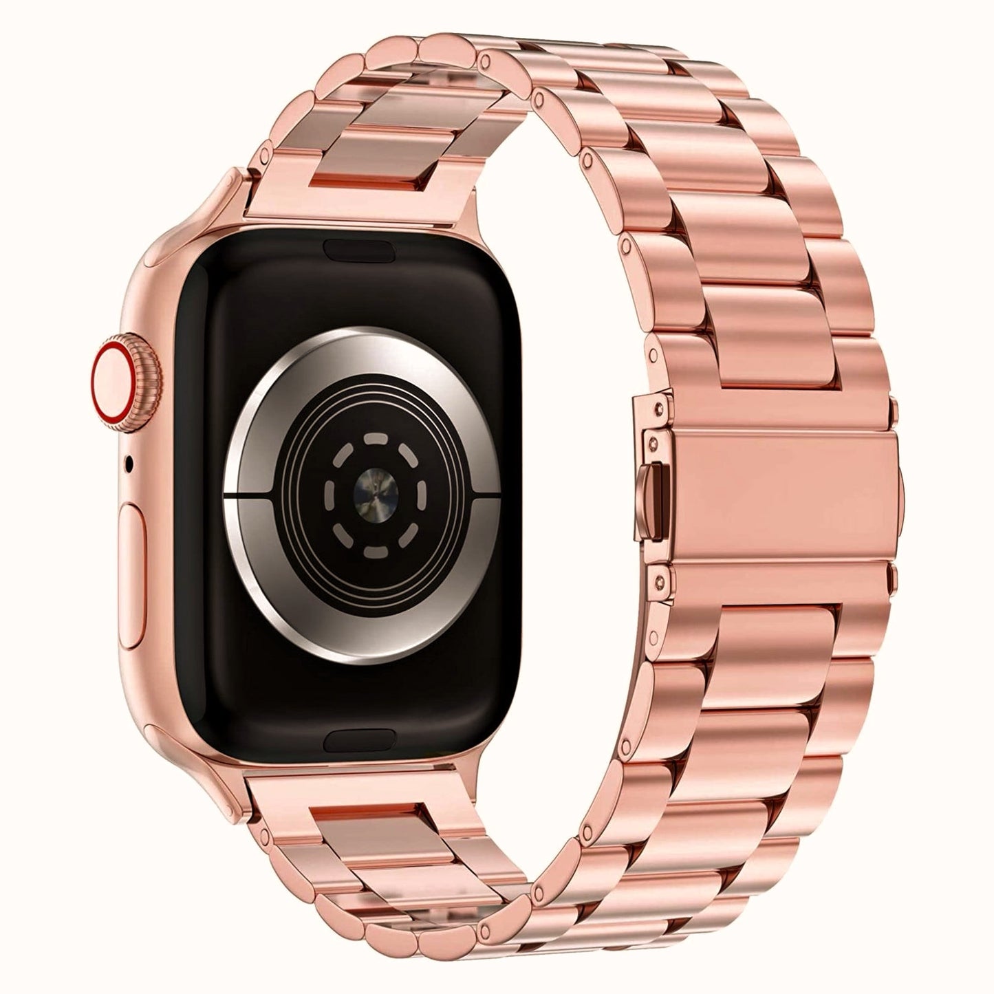 Das arktisband Apple Watch Gliederarmband "Arctica" in Roségold ist von der Rückseite auf weißem Hintergrund abgebildet, gepaart mit einer Apple Watch für einen stilvollen, abgestimmten Look.
