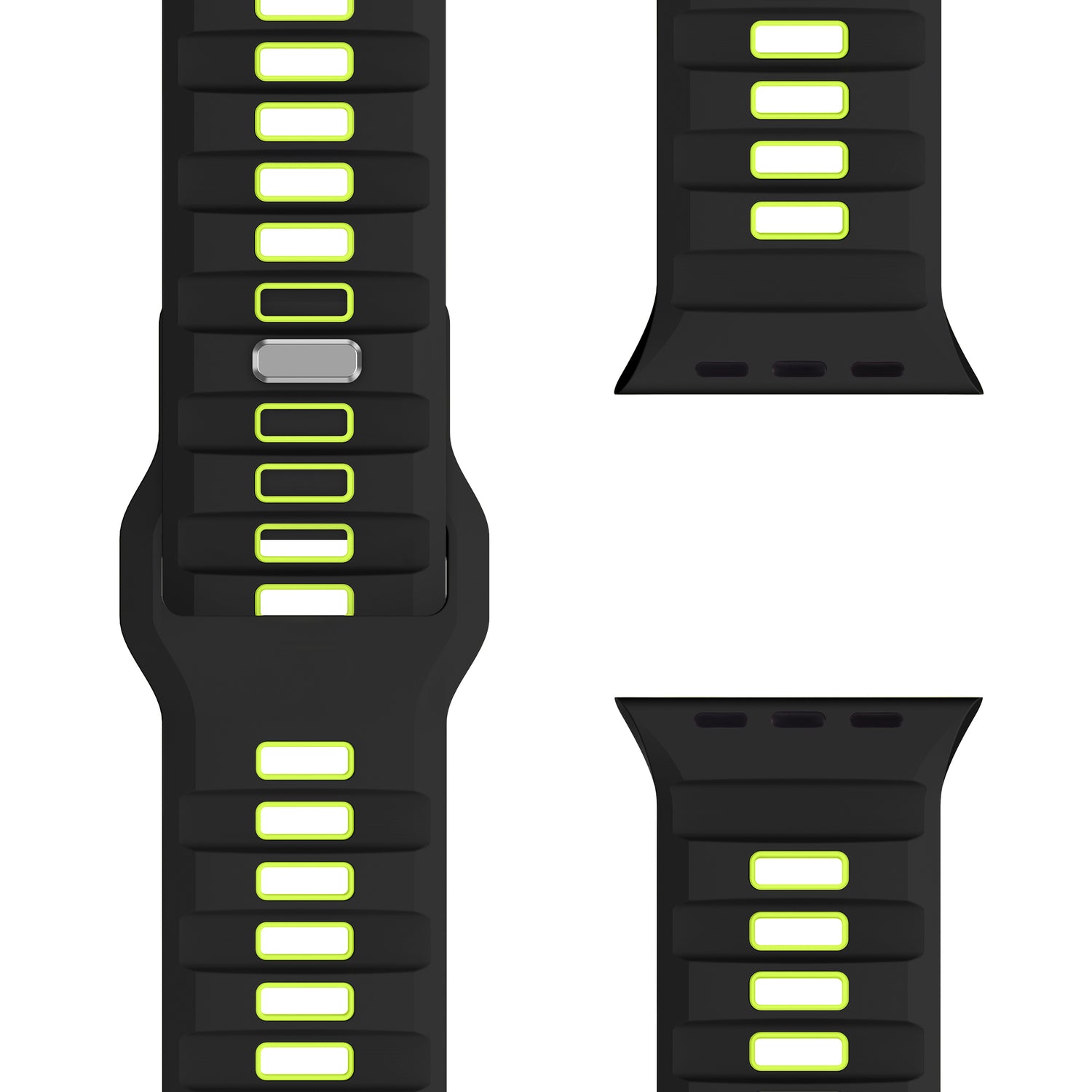 Das arktisband Apple Watch Silikonarmband „Runner“ von arktisband wird aus drei Perspektiven gezeigt: eine Vorderansicht mit dem silbernen Verschluss und zwei Nahaufnahmen der rechteckigen grünen Akzente des schwarzen Armbands. Kompatibel mit der Apple Watch.
