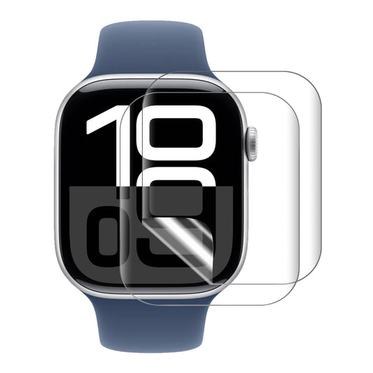 Eine Apple Watch mit blauem Armband zeigt die Uhrzeit in kräftigen Farben digital an. Die arktis Apple Watch Schutzfolie von Arktis ist teilweise vom Display abziehbar und demonstriert so ihre einfache Anbringung und den robusten Displayschutz.
