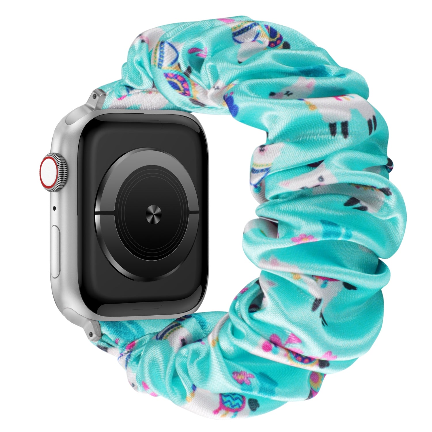 Das arktisband Apple Watch Scrunchie Armband "Elanora" hat ein türkisfarbenes, elastisches Band mit verspielten Einhornmotiven für einen lustigen und bequemen Sitz.