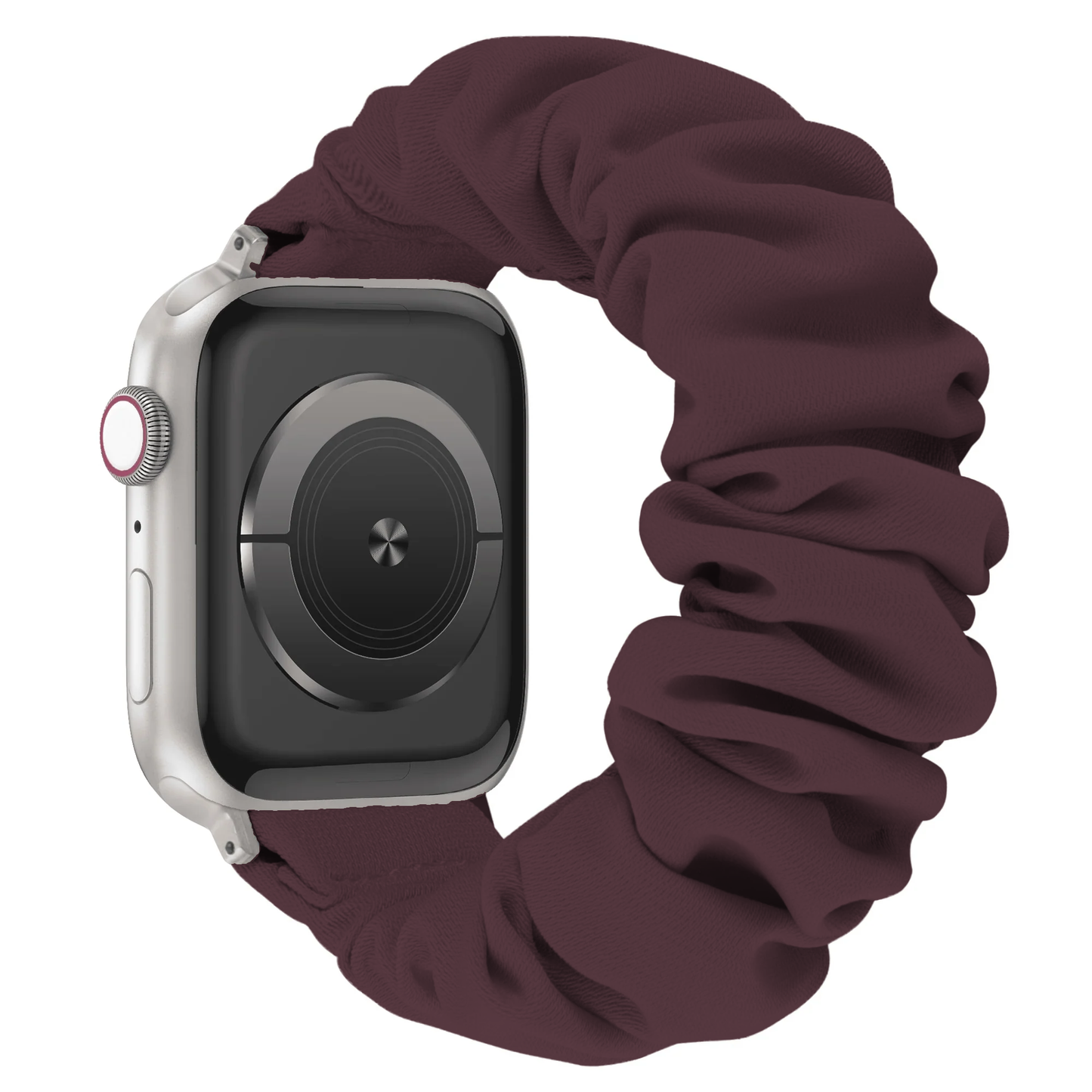 Arktisband Apple Watch Scrunchie-Armband Elanora mit einem dunkelburgunderroten Stoffband.