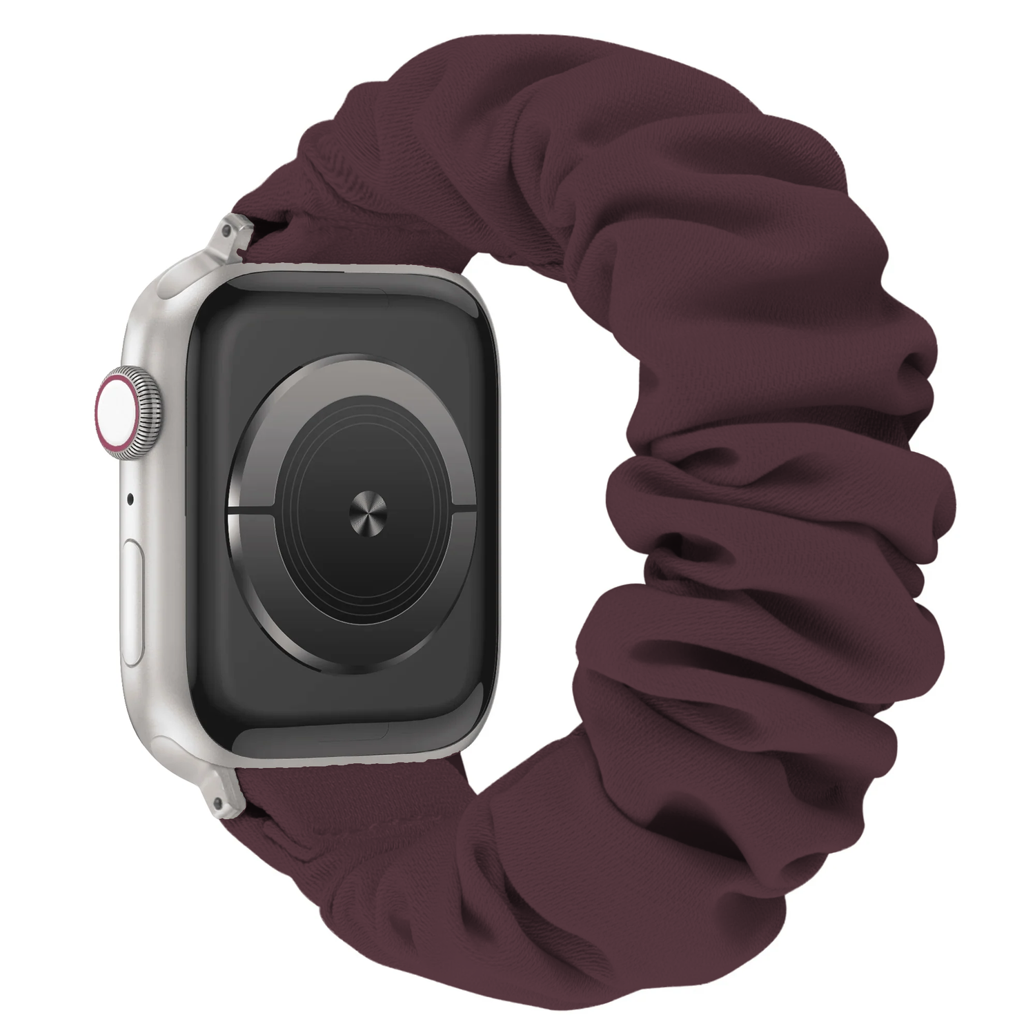 Arktisband Apple Watch Scrunchie-Armband Elanora mit einem dunkelburgunderroten Stoffband.
