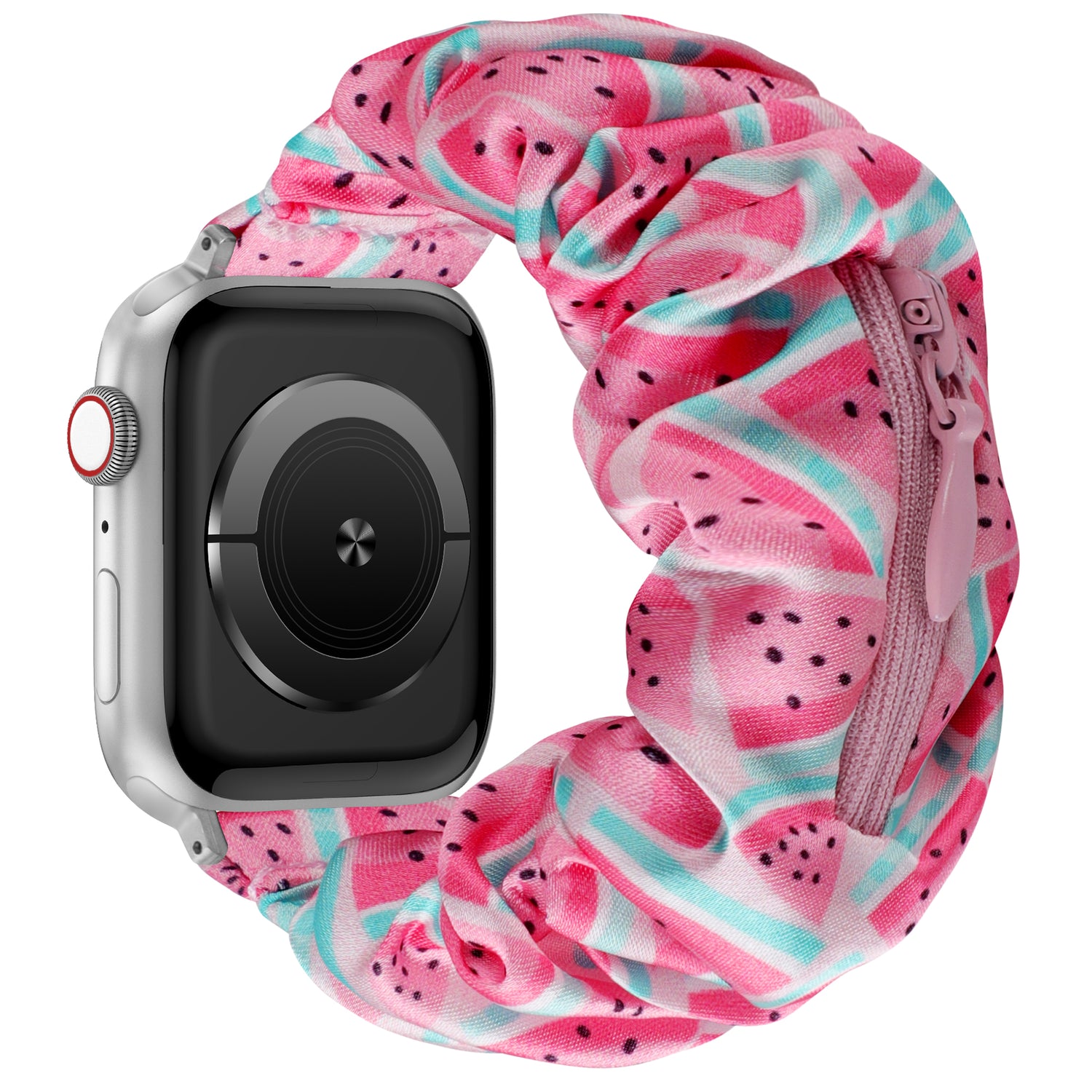 Das arktisband Apple Watch Scrunchie Armband "Elanora" hat ein elastisches Design in Pink, Petrol und Weiß mit einem Reißverschluss und einem verspielten Wassermelonenmuster.