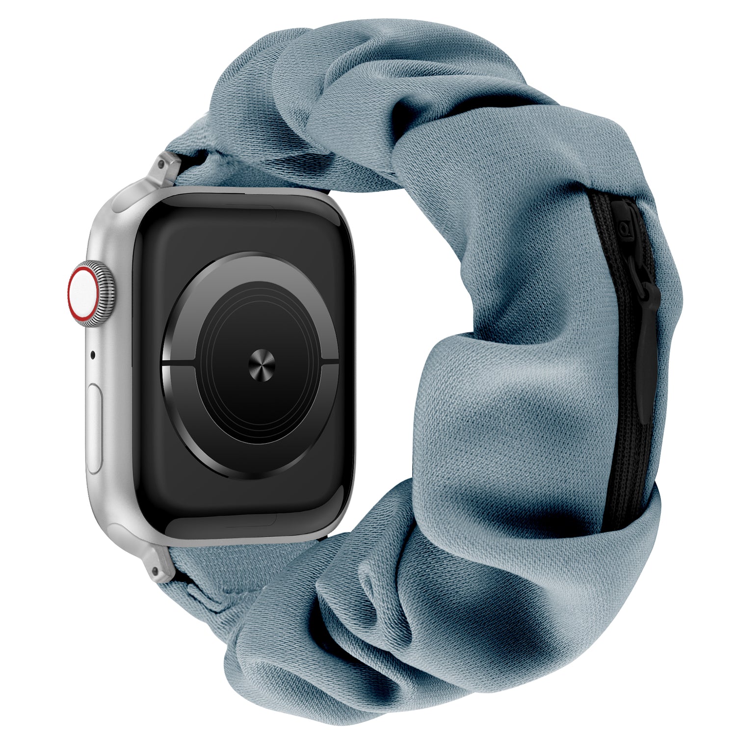 Das arktisband Apple Watch Scrunchie Armband "Elanora" ist ein silbernes Smartwatch-Accessoire mit großem schwarzen Bildschirm, hellblauem Gummiband und praktischer Reißverschlusstasche von arktisband.