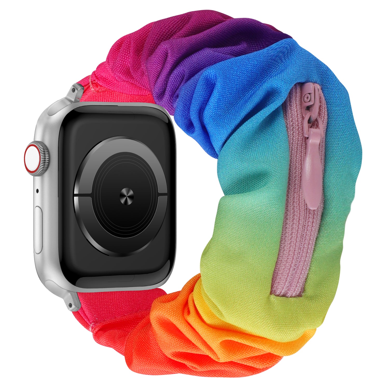 Das arktisband Apple Watch Scrunchie Armband "Elanora" hat ein regenbogenfarbenes Design und eine kleine pinkfarbene Reißverschlusstasche für mehr Komfort.