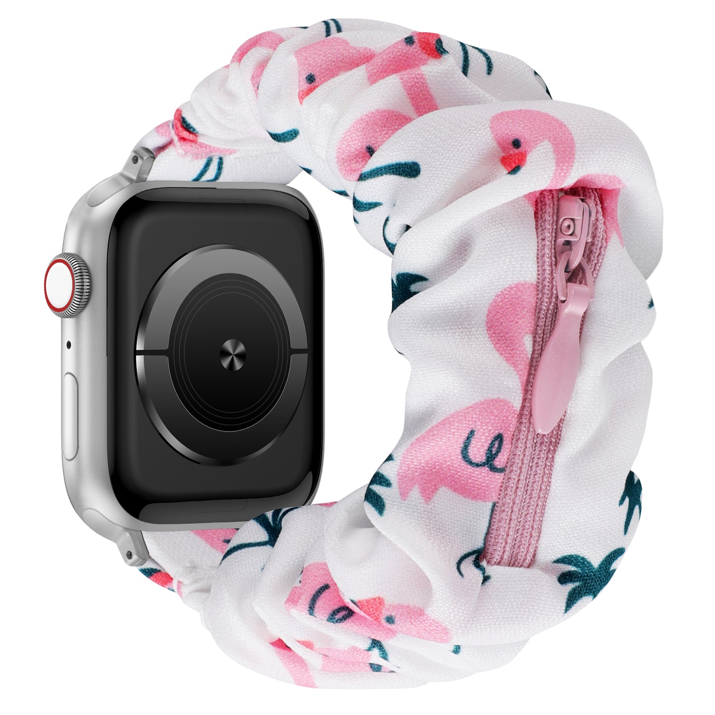 Das arktisband Apple Watch Scrunchie Armband "Elanora" hat ein pinkes Flamingo-Muster und eine kleine Reißverschlusstasche für mehr Komfort.