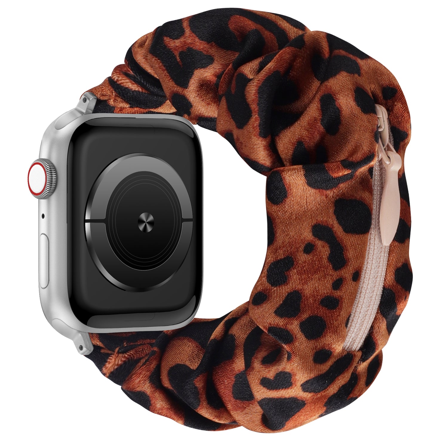 Das arktisband Apple Watch Scrunchie Armband "Elanora" hat einen Leopardenprint, eine kleine Reißverschlusstasche und ein dehnbares Band für mehr Komfort.