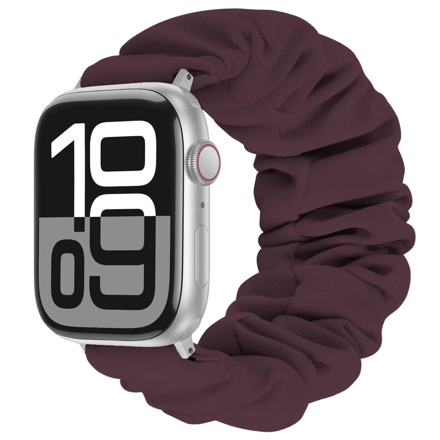 Arktisband Apple Watch Scrunchie-Armband Elanora mit einem dunkelbraunen Stoff-Scrunchie-Band für die Smartwatch.