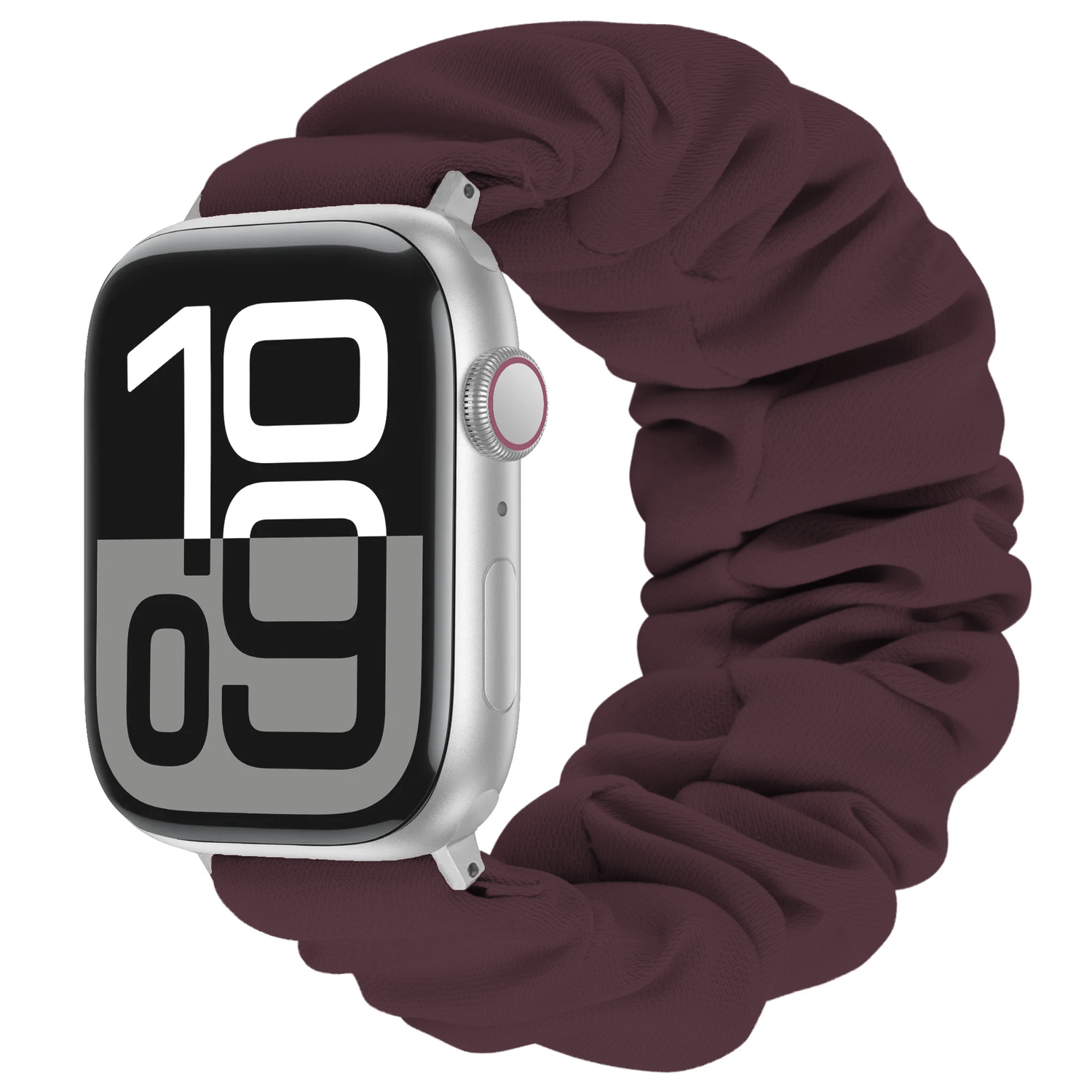 Arktisband Apple Watch Scrunchie-Armband Elanora mit einem dunkelbraunen Stoff-Scrunchie-Band für die Smartwatch.