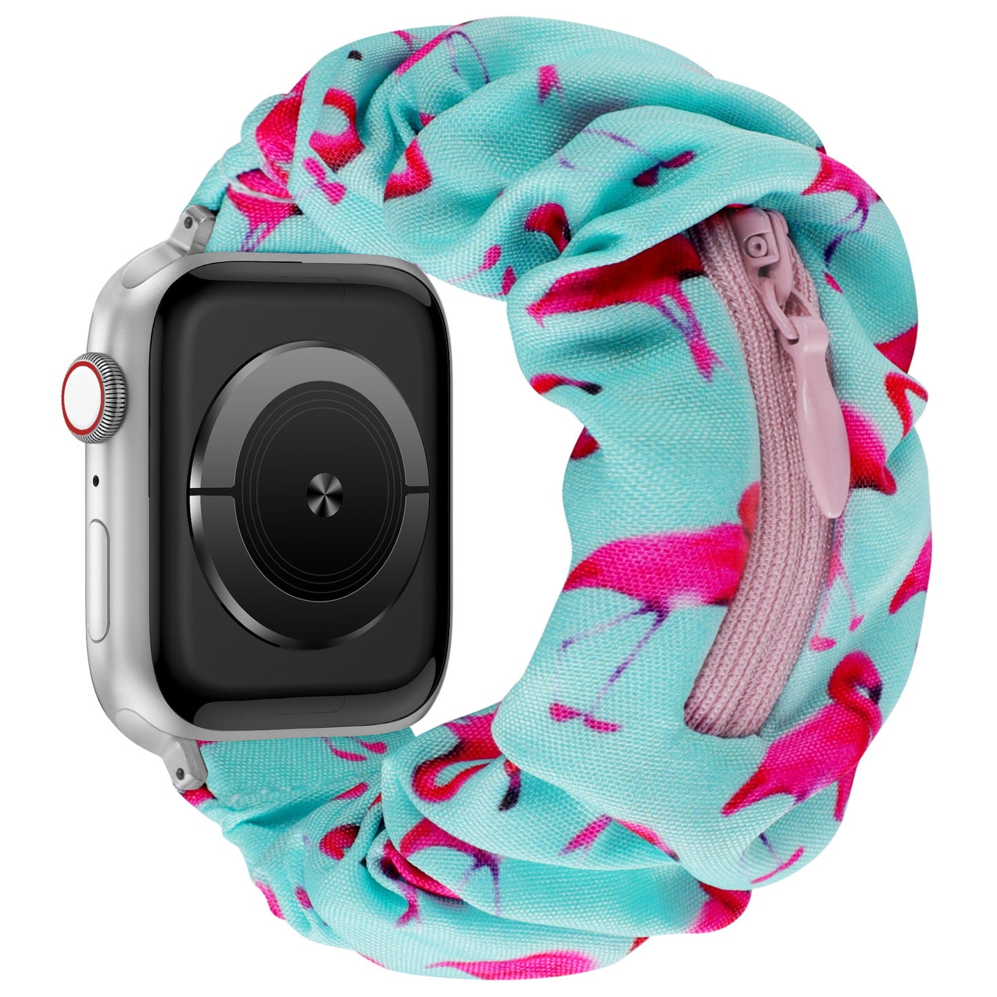 Das arktisband Apple Watch Scrunchie Armband "Elanora" hat ein blaues Band mit rosa Flamingos und eine praktische Reißverschlusstasche zur Aufbewahrung.