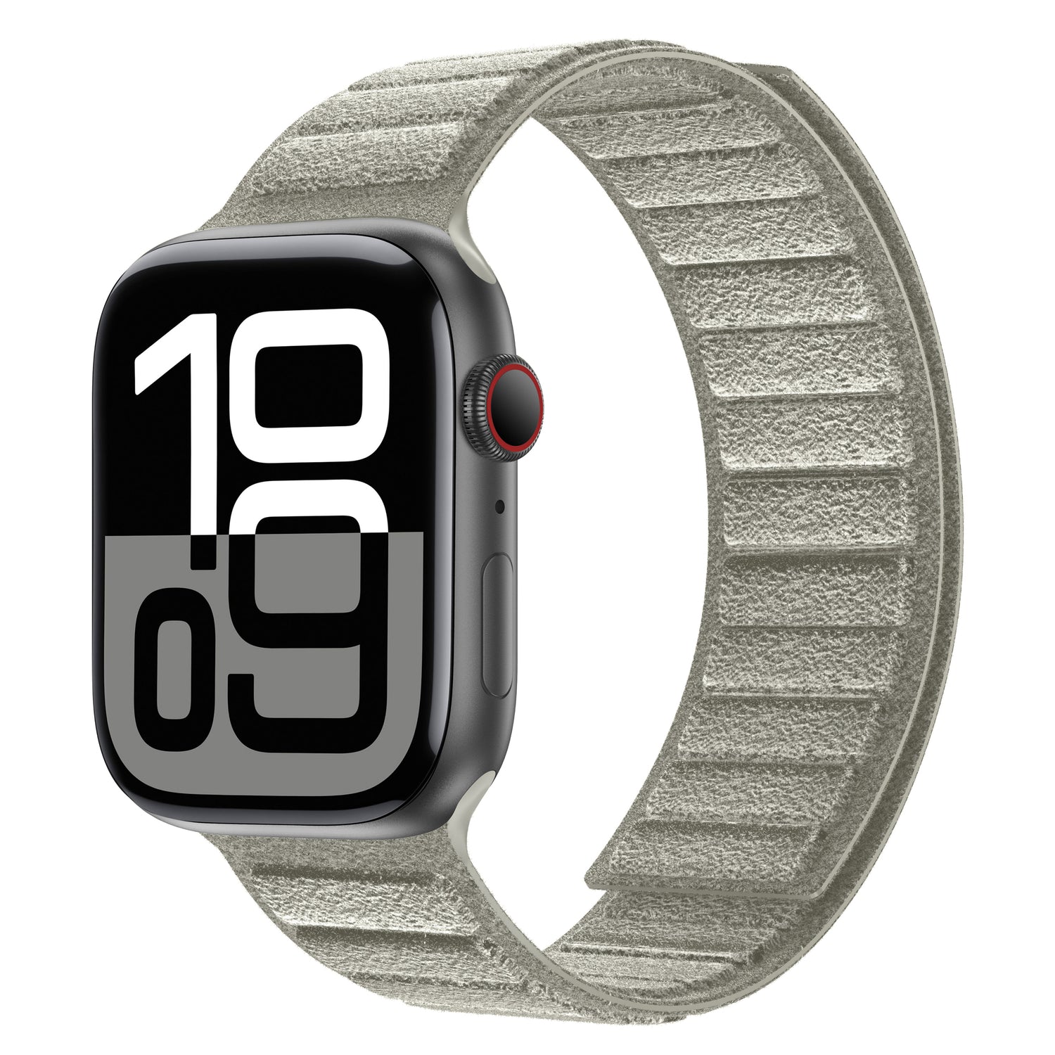 Das arktisband Apple Watch magnetisches Armband aus Alcantara zeichnet sich durch ein auffälliges schwarz-weißes Display und ein strukturiertes hellgraues Alcantara-Band aus, das in Italien von arktisband hergestellt wird.