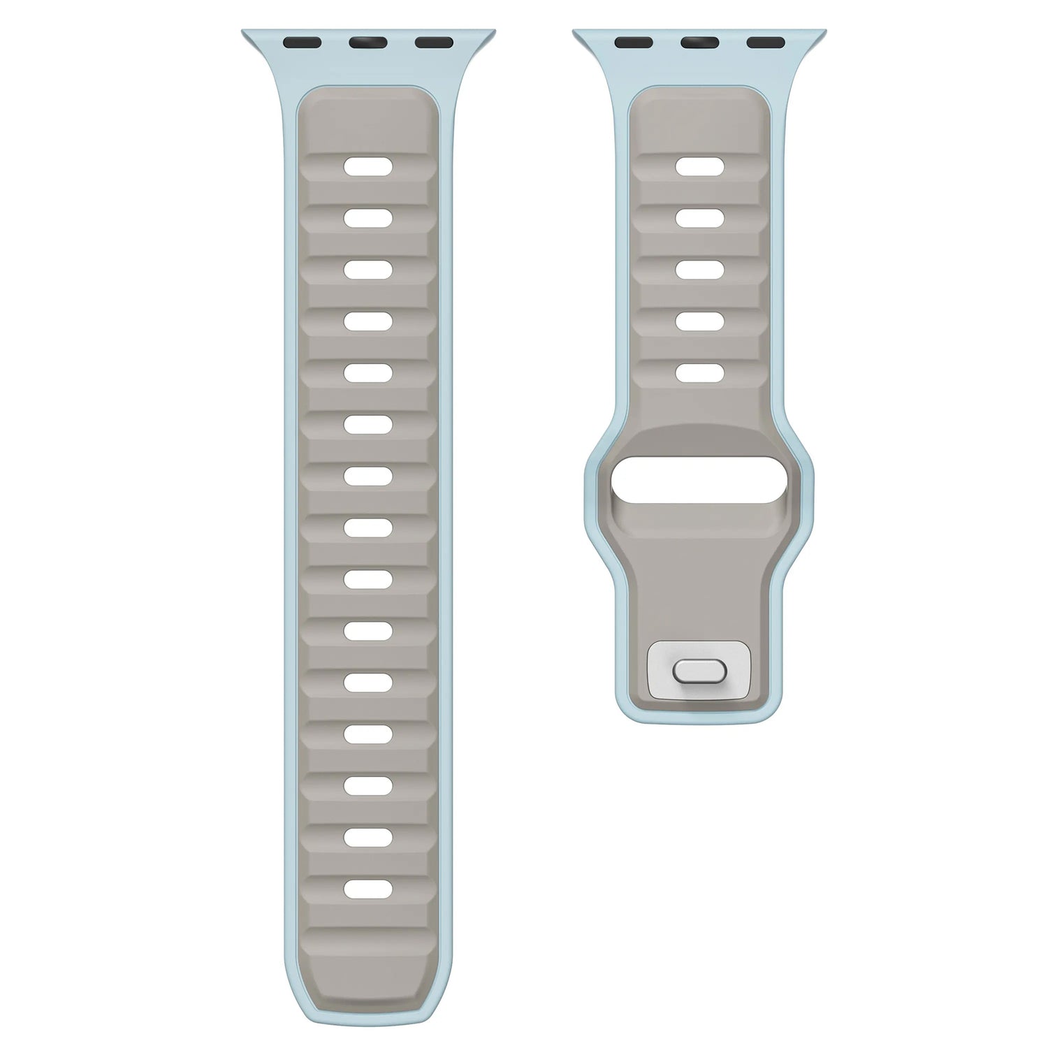 Zwei hellgraue und blaue Arktisband Apple Watch Silikonarmbänder „Swift“ mit Aluminium-Pin-Verschluss sind nebeneinander auf weißem Hintergrund abgebildet.