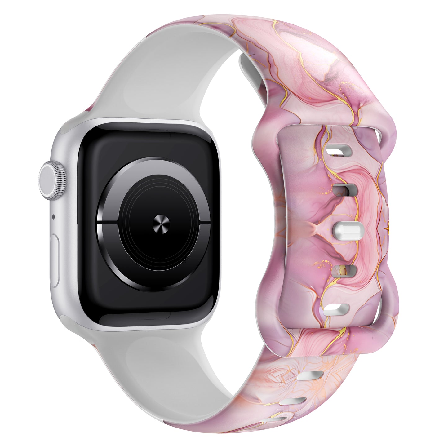 Das arktisband Rose Marble Apple Watch Armband von arktisband, mit einem rosa und weiß marmorierten Silikonarmband, ist schräg auf einem weißen Hintergrund abgebildet.