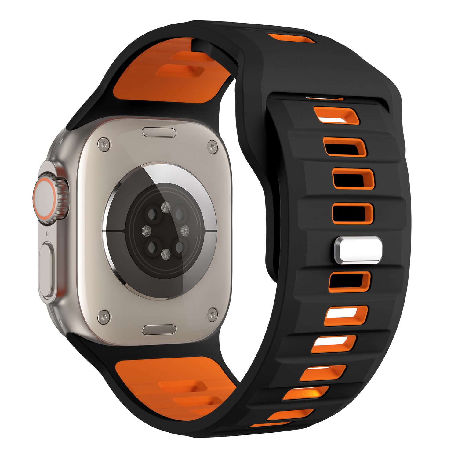 Das arktisband Apple Watch Silikonarmband „Runner“ besticht durch ein silbernes Gehäuse, ein schwarzes Armband mit orangefarbenen Akzenten und rechteckigen Aussparungen, die die orangefarbene Unterseite freigeben. Kompatibel mit der Apple Watch; Sensor-Array auf der Rückseite sichtbar.
