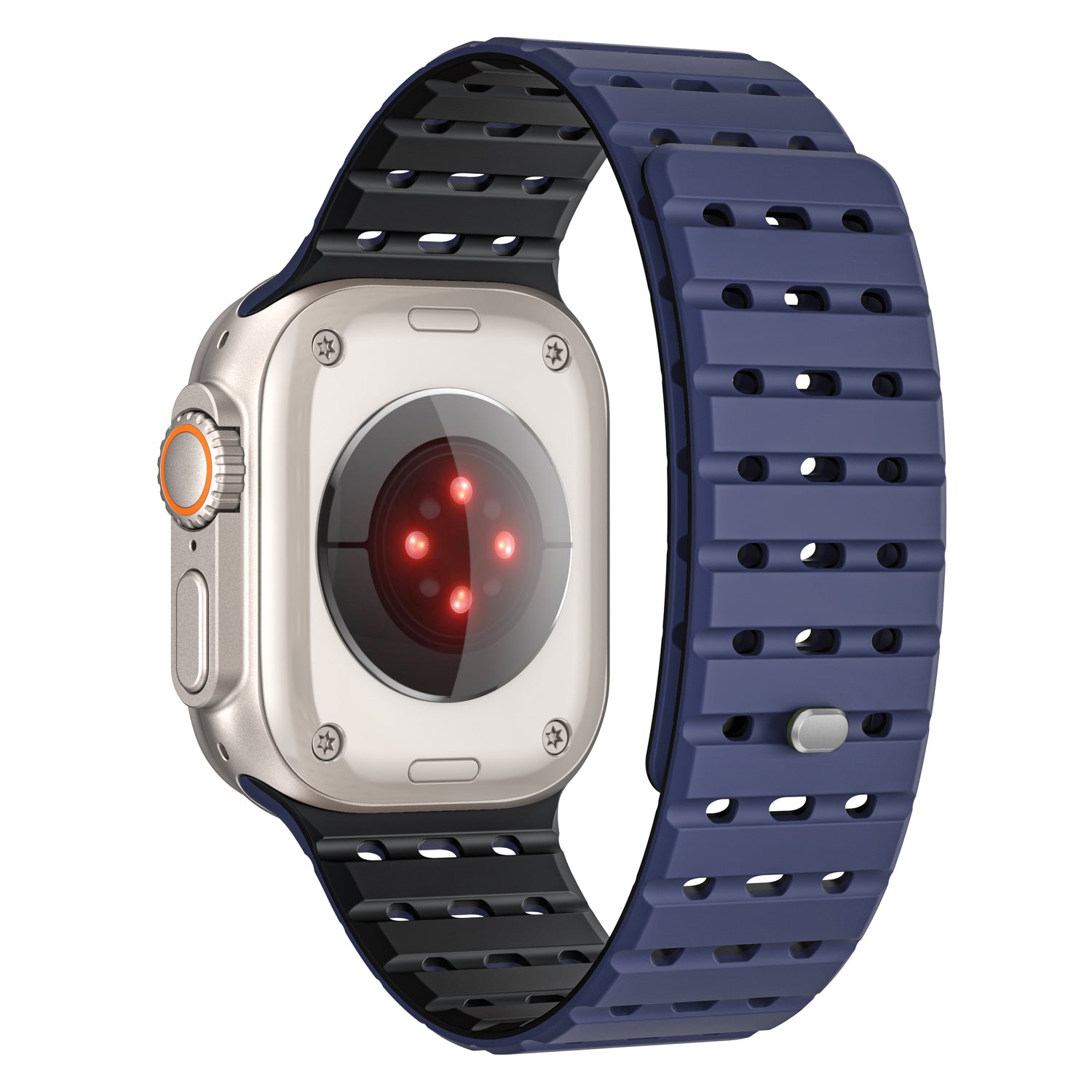 Das magnetische Silikonarmband „Power“ von arktis für die Apple Watch ist auf einer Smartwatch mit quadratischem Zifferblatt auf der Rückseite abgebildet und verfügt über ein blau-schwarzes perforiertes Band, ein silbernes Gehäuse mit orangefarbener Krone und leuchtend roten Sensoren.