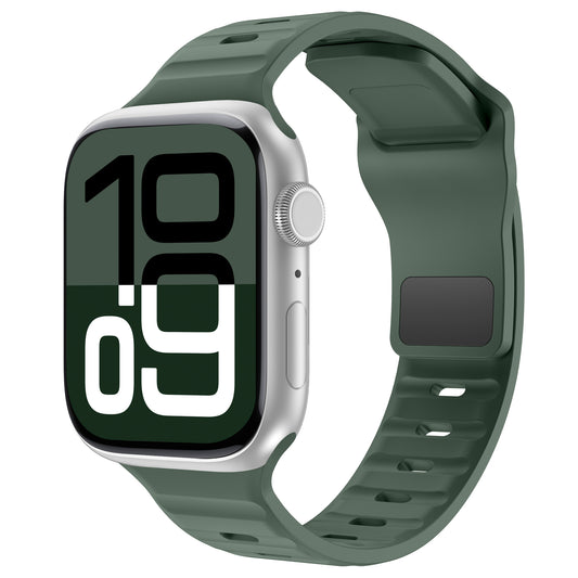 Das arktisband Apple Watch Silikonarmband „Active“ von arktisband verfügt über ein grünes Band, ein silbernes Gehäuse, ein atmungsaktives Design und zeigt die Uhrzeit 10:09 mit großen schwarz-weißen Ziffern auf seinem rechteckigen Display an.