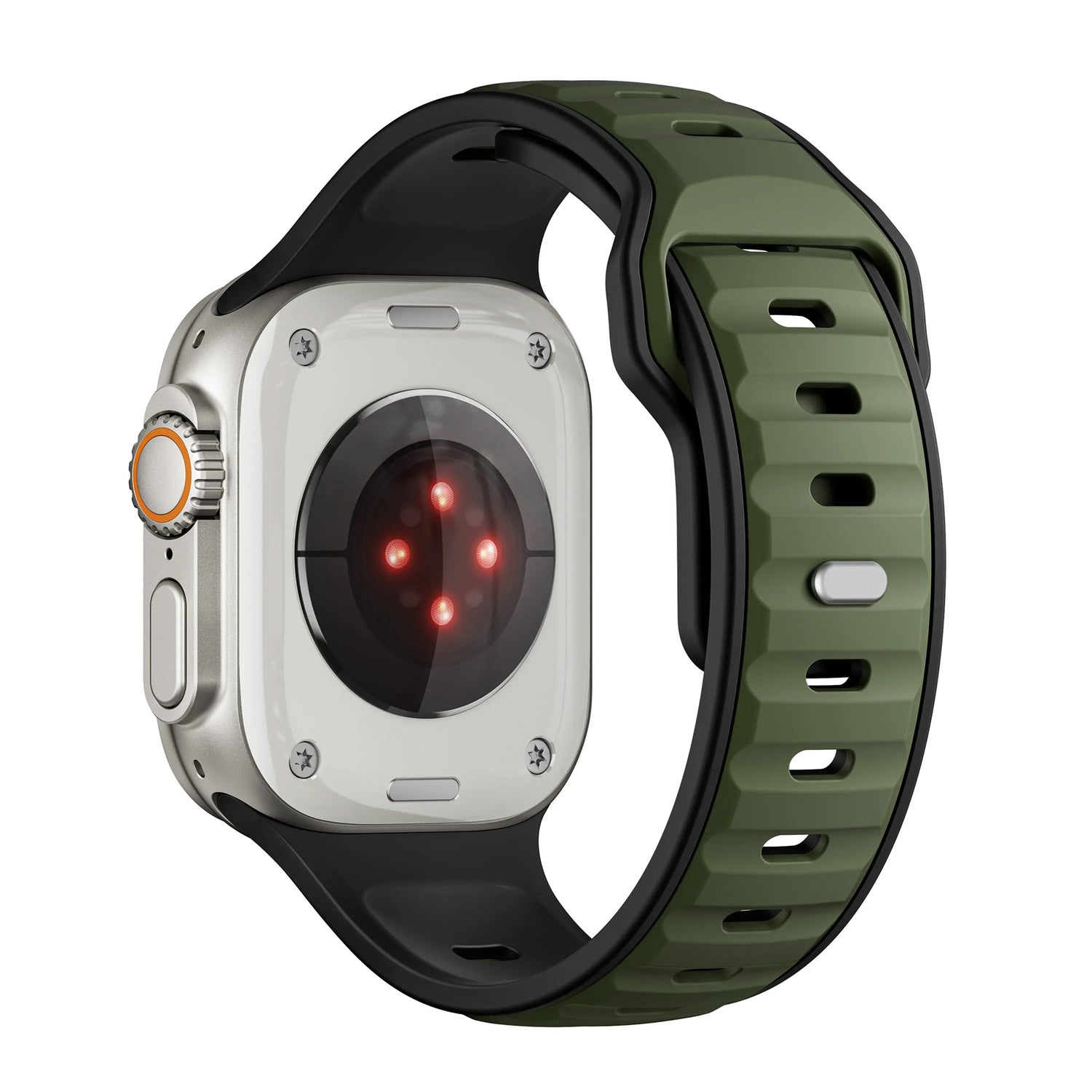 Das arktisband Apple Watch Silikonarmband „Swift“ von arktisband wird in Grün und Schwarz gezeigt und verfügt über ein schweißabsorbierendes, atmungsaktives Sportarmband, ein Metallgehäuse und vier rote Sensorlichter auf der Unterseite für Komfort und Stil.