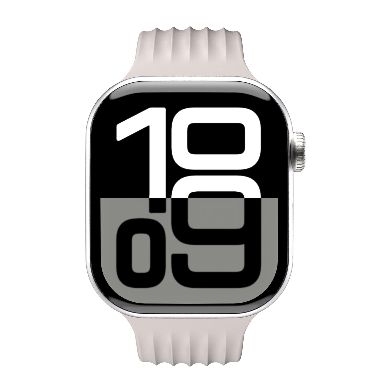 Das arktisband Apple Watch Armband "Skandi" im Skandi Design zeigt die Uhrzeit 10:09 in großen, fetten, schwarz-weißen Digitalzahlen mit einem eleganten Fluorelastomer-Band an.